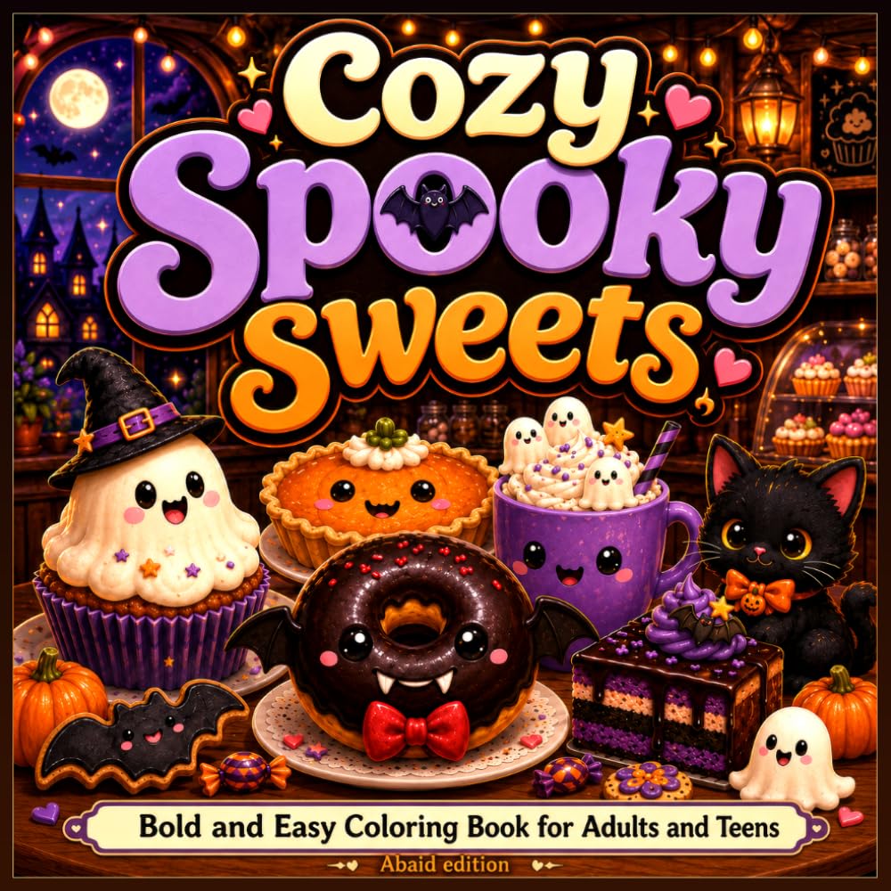 Cozy Spooky Sweets: Bold and Easy Halloween Coloring Book for Adults and Teens: Kawaii Sweet Scenes for Relaxation and Stress Relief.