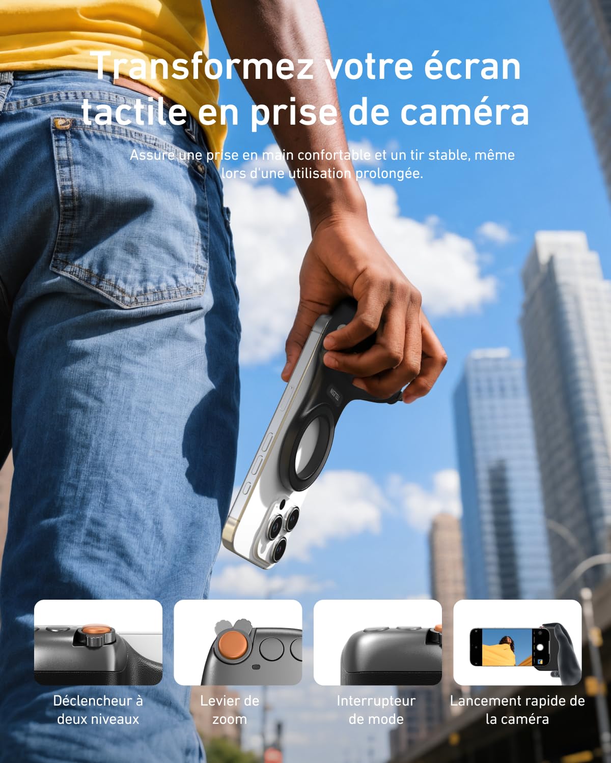 TELESIN Fun Shot Smartphone Handle Grip, Poignée Smartphone avec Détachable Télécommande Bluetooth - Filetage 1/4, Stabilisateur de Poignée pour iPhone Android, Selfies/TikTok (Noir)