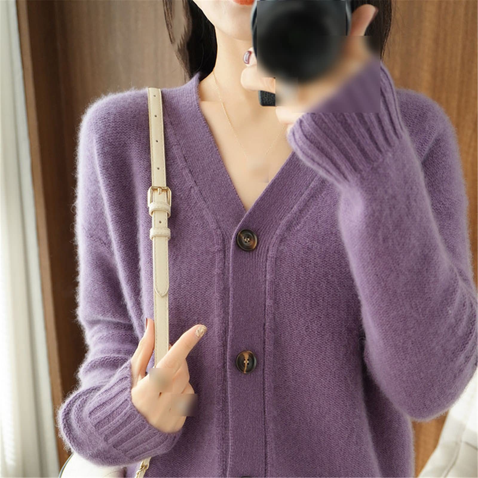 Cardigan in cashmere Autunno e Inverno con scollo a V Solido Maglione Cappotto Cardigan lavorato a maglia, Marrone, M