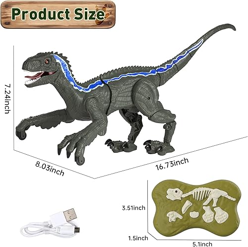 Miniatura 6 de Gamegood Dinosaurio a control remoto para niño, juguete electrónico RC de 2.4 G, juguete educativo de simulación velociraptor con sonidos ligeros