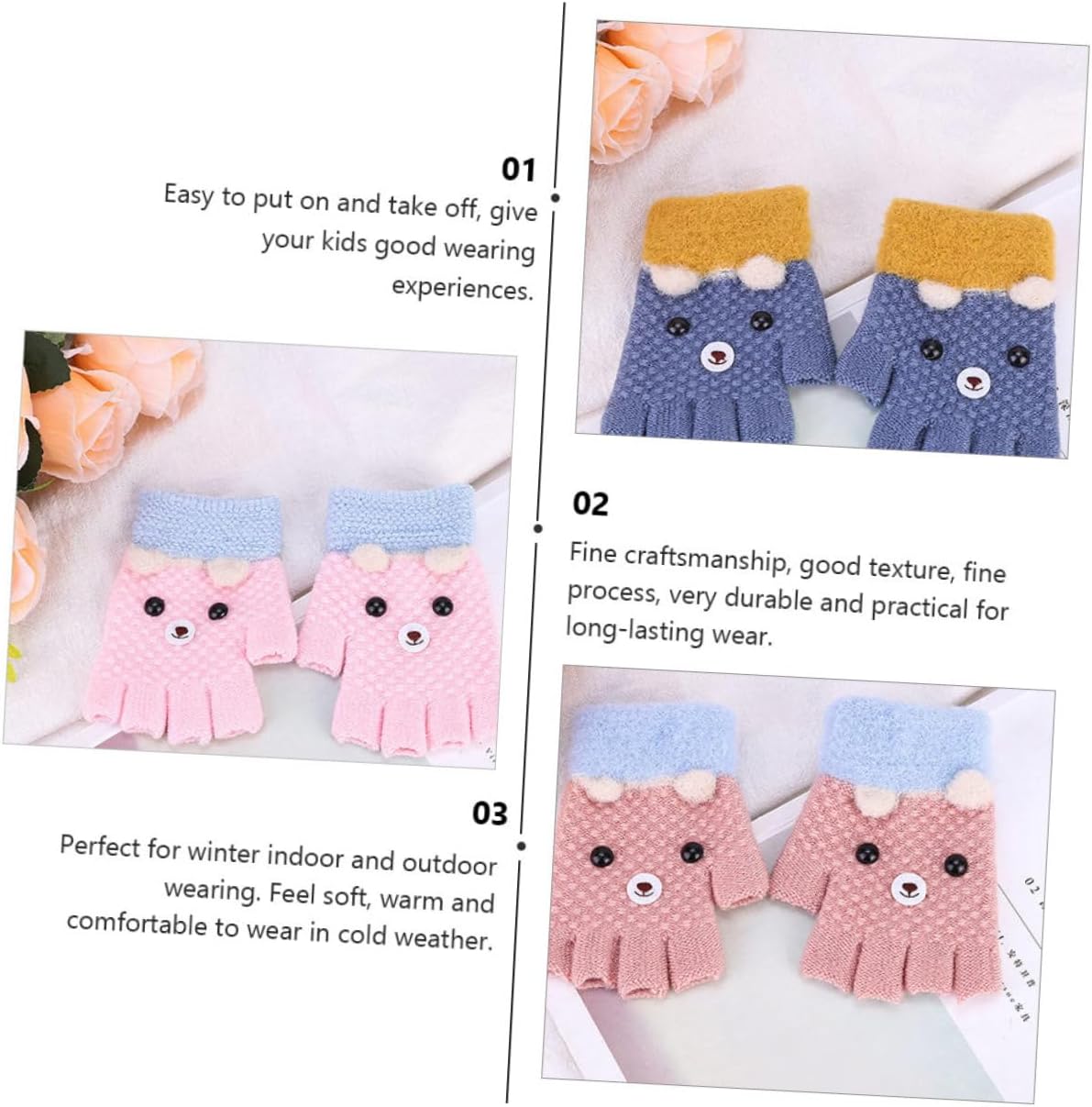 BESPORTBLE 4pairs Fingerless Cartoon Gloves for Boys and Girls Warm Knit Half-finger Gloves for Boy Girl for Use Random Colors