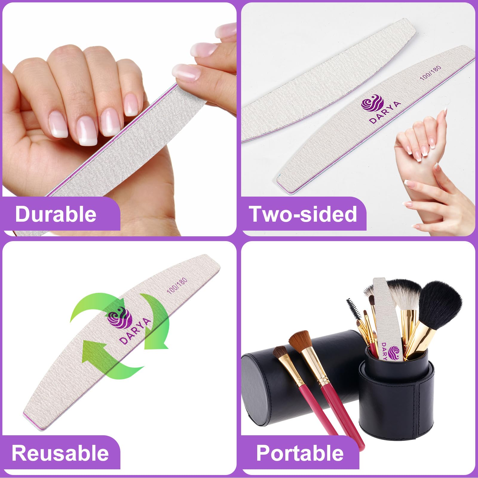 DARYA Limas de uñas (100 piezas) de doble cara de grano 100/180 para uñas, acrílicas, limas naturales de uñas de los pies y aseo de mascotas, duraderas, lavables, profesionales para uso doméstico y