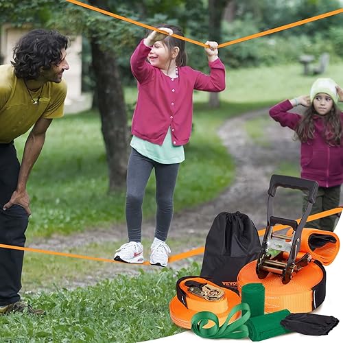 Miniatura 8 de VEVOR Slackline Kit con línea de entrenamiento, equipo de línea floja para patio trasero de 60 pies, cuerda ajustada de fácil instalación para niños