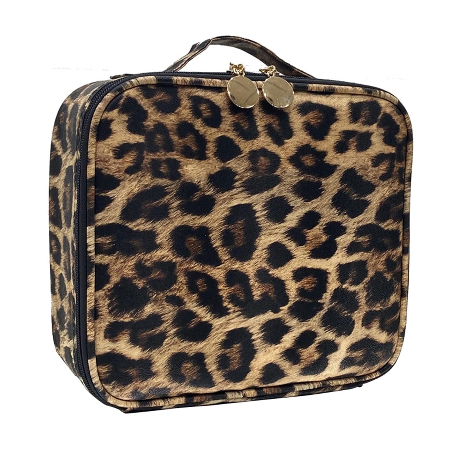 KIRA Makeup Bag Leopard Print PU Leather Travel Cosmetic Bag for Women Girls - Cute Large Makeup Case Cosmetic Train Case Organizer with Adjustable Dividers for Cosmetics Make Up Tools