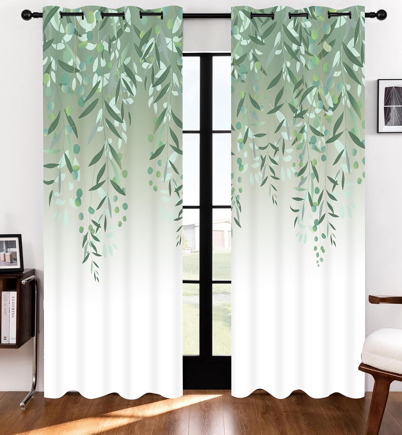 Sage Green Eucalyptus Leaves Floral Curtains Botanical Ombre Green Kitchen Window Curtain Gradient Watercolor Plant Wildflower Farmhouse Leaf Modern Drapes for Bedroom Living Room 2 Panels, 42x84in