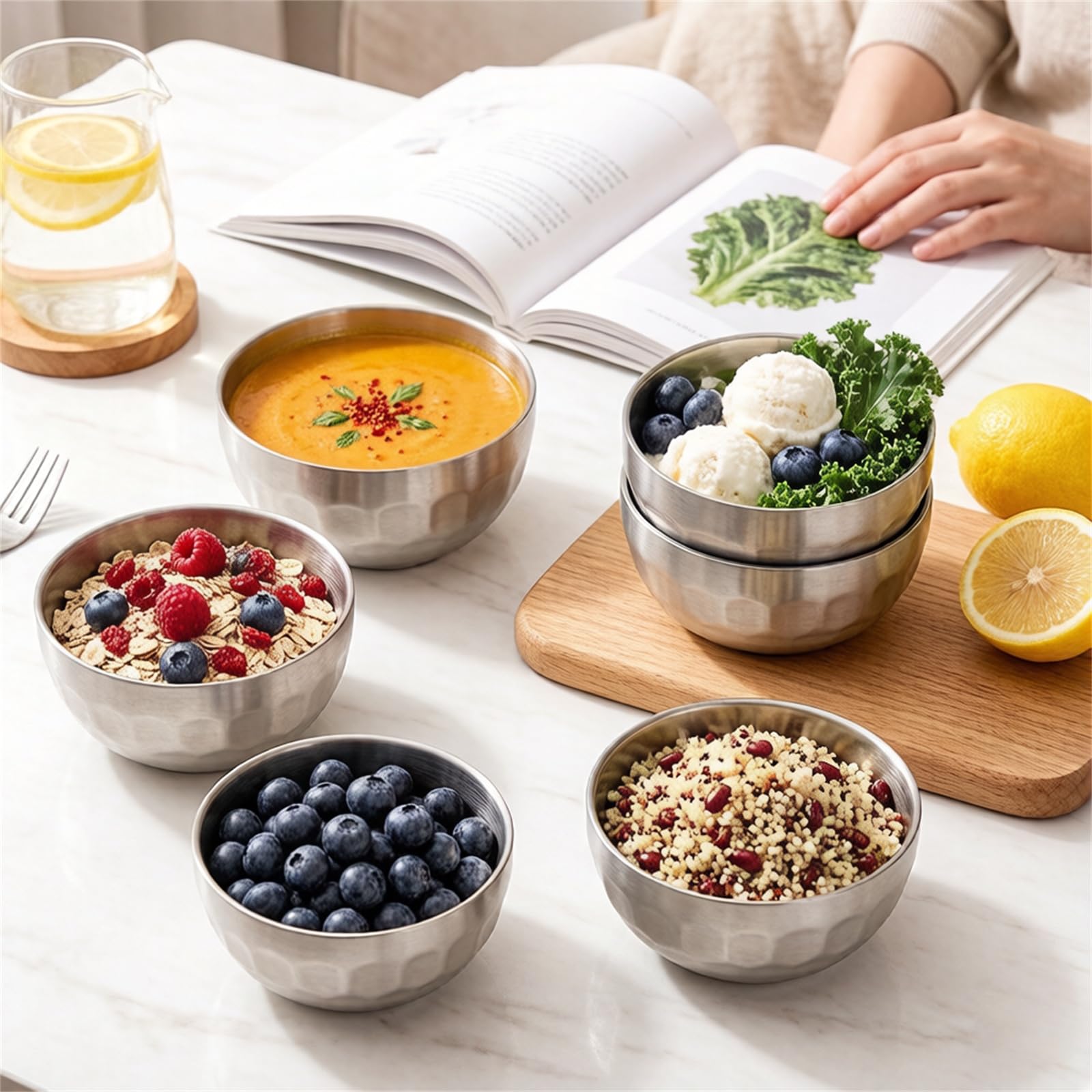 Okllen Lot de 6 bols à soupe en acier inoxydable 18/8 à double paroi en acier inoxydable 18/8 - 440 ml - Légers - Multifonctions - Pour riz, nouilles, fruits, céréales