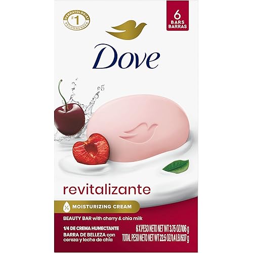 Dove Beauty Bar Soap Revitalizante Cherry & Chia Milk, for Revitalized Skin, 6 Bars A Skin Energy Boost 3.75 oz