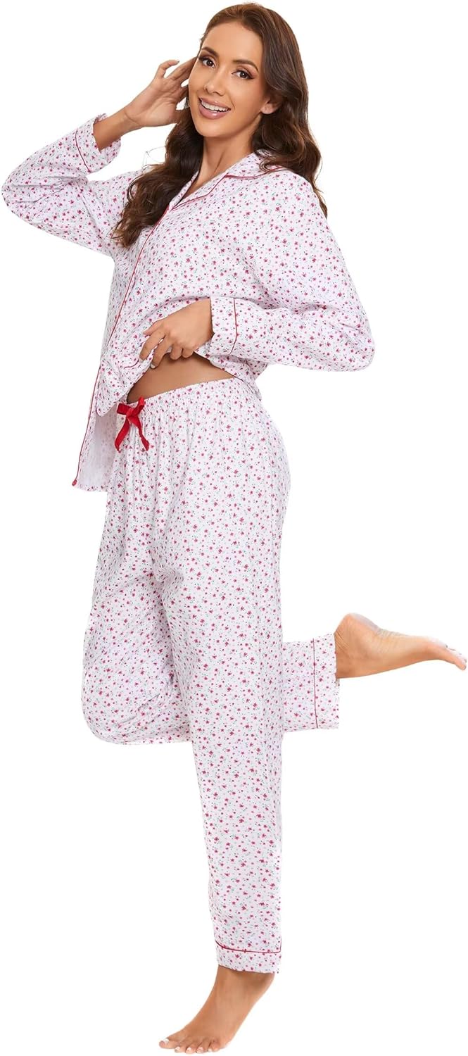 amaxer Women's Warm Pjs Flannel Pajamas Set 100% Cotton Sleepwear Button Pajama Set with Elastic Drawstring - Image 4