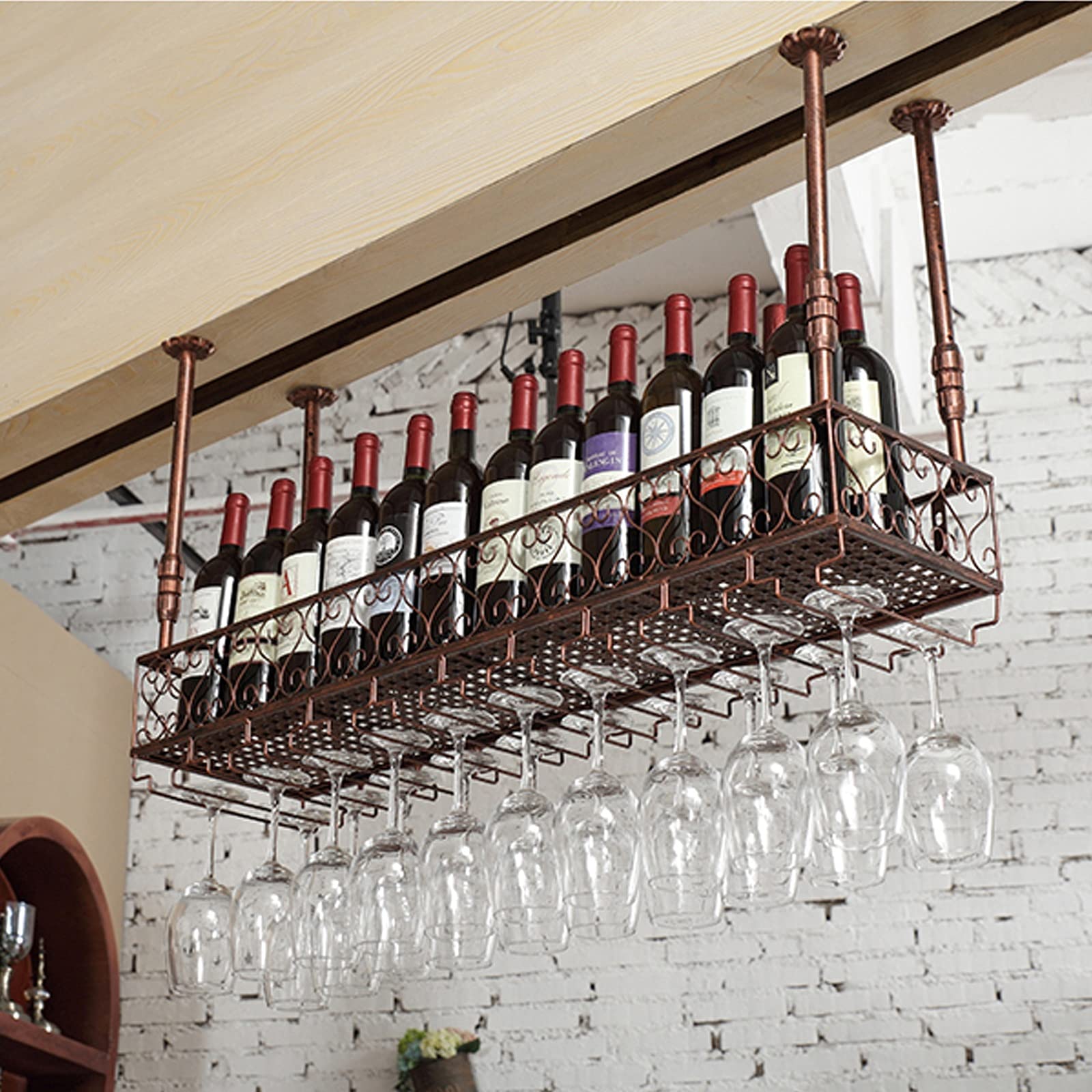 Iron Wine Rack, Upside Down Goblet Rack, Bar Hanging Wine Holder, Wine Cabinet Bar Hanger, Household Ceiling Hanging Cabinet, Height-Adjustable Wine Storage Shelf,A,120 * 25CM