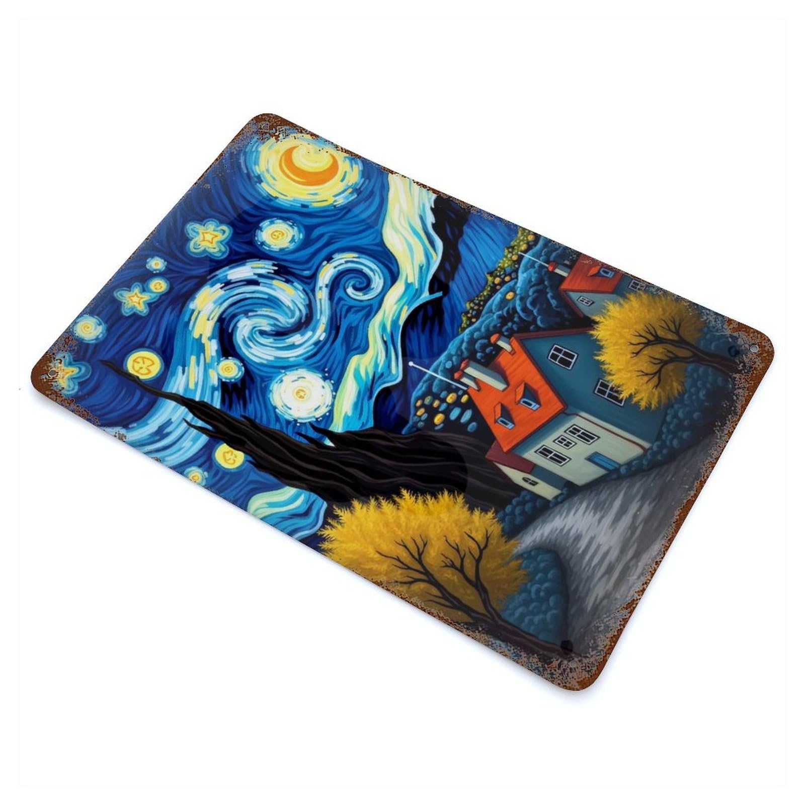 Starry Night Village Vintage Metal Tin Sign 11.8"x7.9", for Garage, Bar And Workshop Decor, Old School Wall Decor