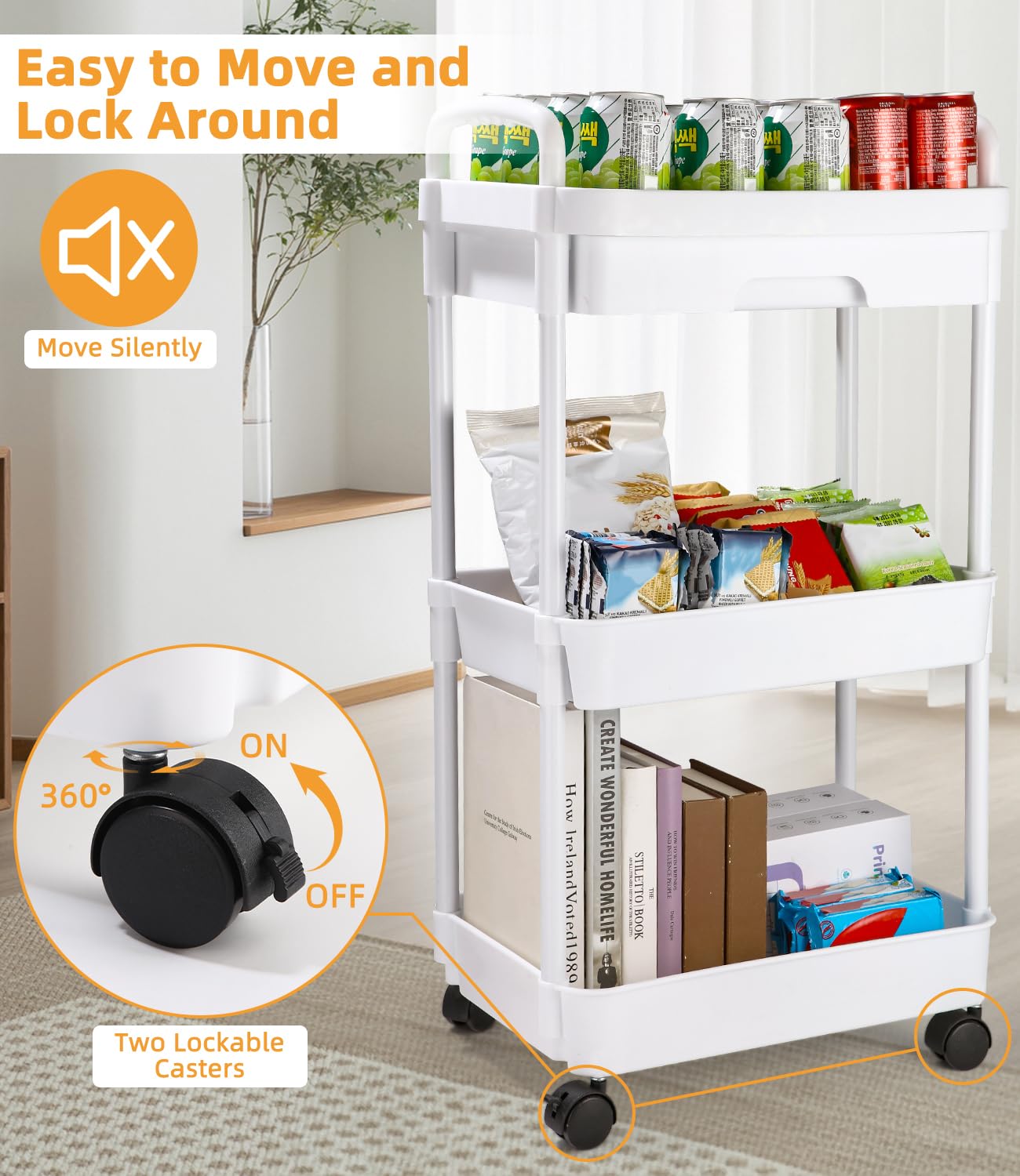 Carrello con Ruote Portatutto Cucina con Cassetto, Carrello Portaoggetti Multifunzionale con Maniglia, Gancio, Ruote Bloccabili, Carrellino per auto di Facile Montaggio per Bagno, Bianco