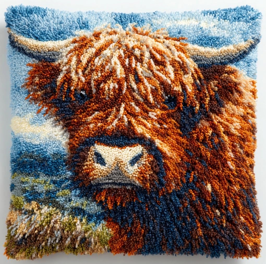Taxpy Latch Hook Pillow Case Embroidery Kits Highland Cattle 17X17Inch Pre-Printed DIY Needlework Latch Hook Cushion Cover Kits for & Adults Beginners,Cross-Stitch Sofa Cushion Cover, Embroidery