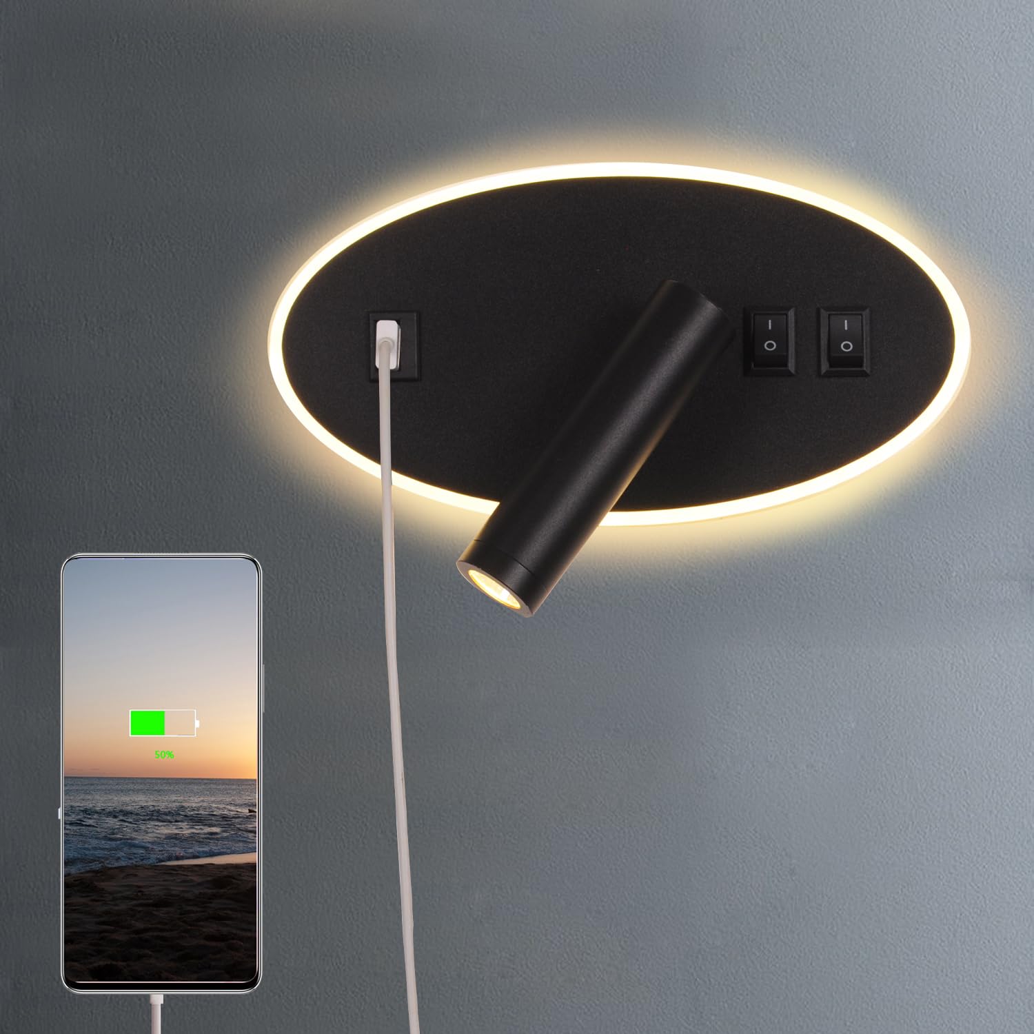 Applique da comodino orientabile Porta di Ricarica USB Lampada da Parete camera da letto Faretto da camera da letto luce per la lettura LED (3W + 9W 3000k)