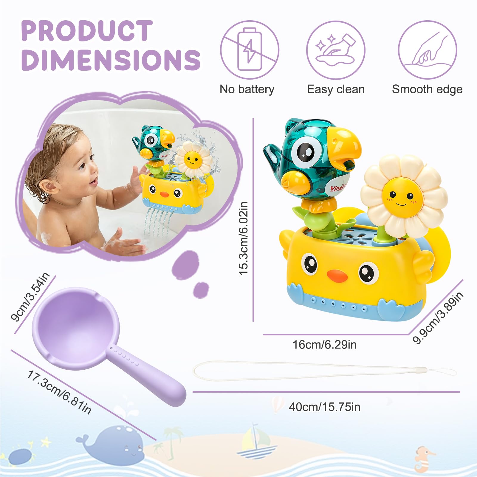 Bath Toys for Kids Baby Waterwheel Bathtub Toy , Manual Bird & Flower Waterfall Shower Toy for Kids, Interactive Bathtub Toy with Suction Cup, Shower Fun for Bath Time - Great for Boys, Girls — view 2