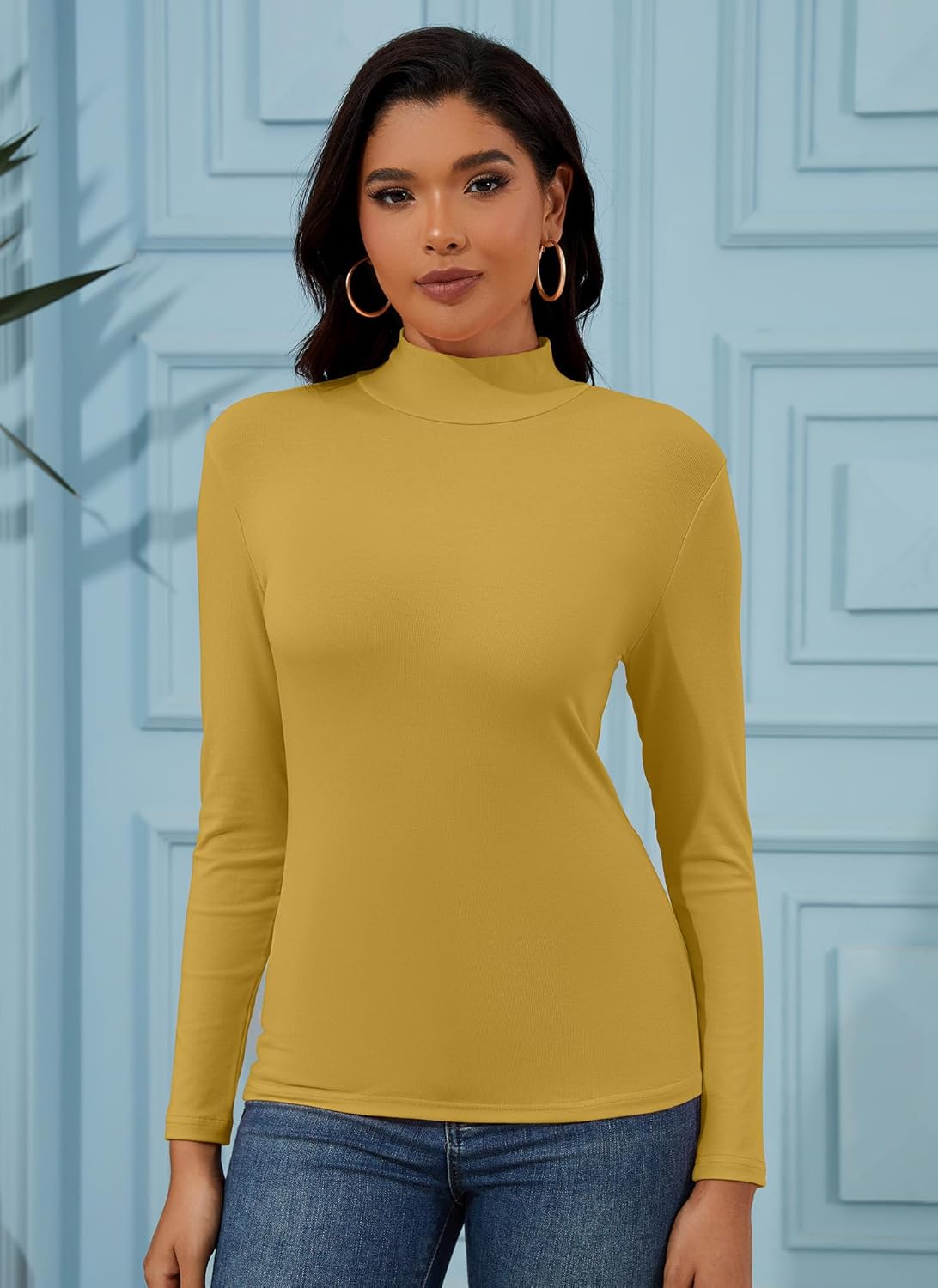 Women's Long Sleeve Shirts Mock Neck Tops 2025 Fall Basic Tees Slim Fit Thermal Layering Top Clothes Outfits - Image 2