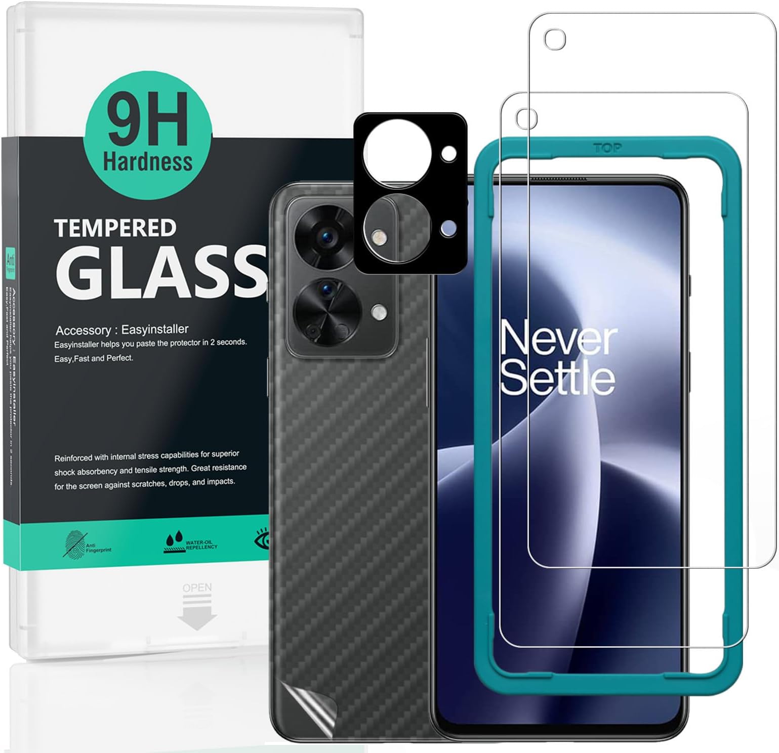 Ibywind Screen Protector For Oneplus Nord 2T 5G(6.43 Inches),with 2Pcs Tempered Glass,1Pc Camera Lens Protector,1Pc Backing Carbon Fiber Film[Fingerprint Reader,Easy to install]