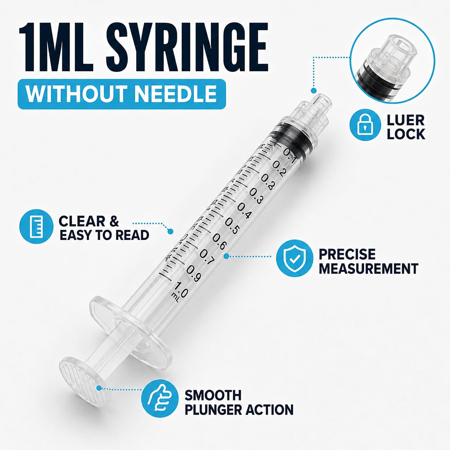 Quick-Delivery 1mL Luer Lock Syringe: 1mL Syringe Without Needle 100-Pack