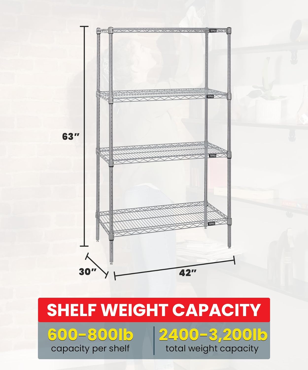 Quantum Storage Systems WR63-3042S Starter Kit Wire Shelves Stainless Steel 4 Shelves 63" H x 42" W x 30" D