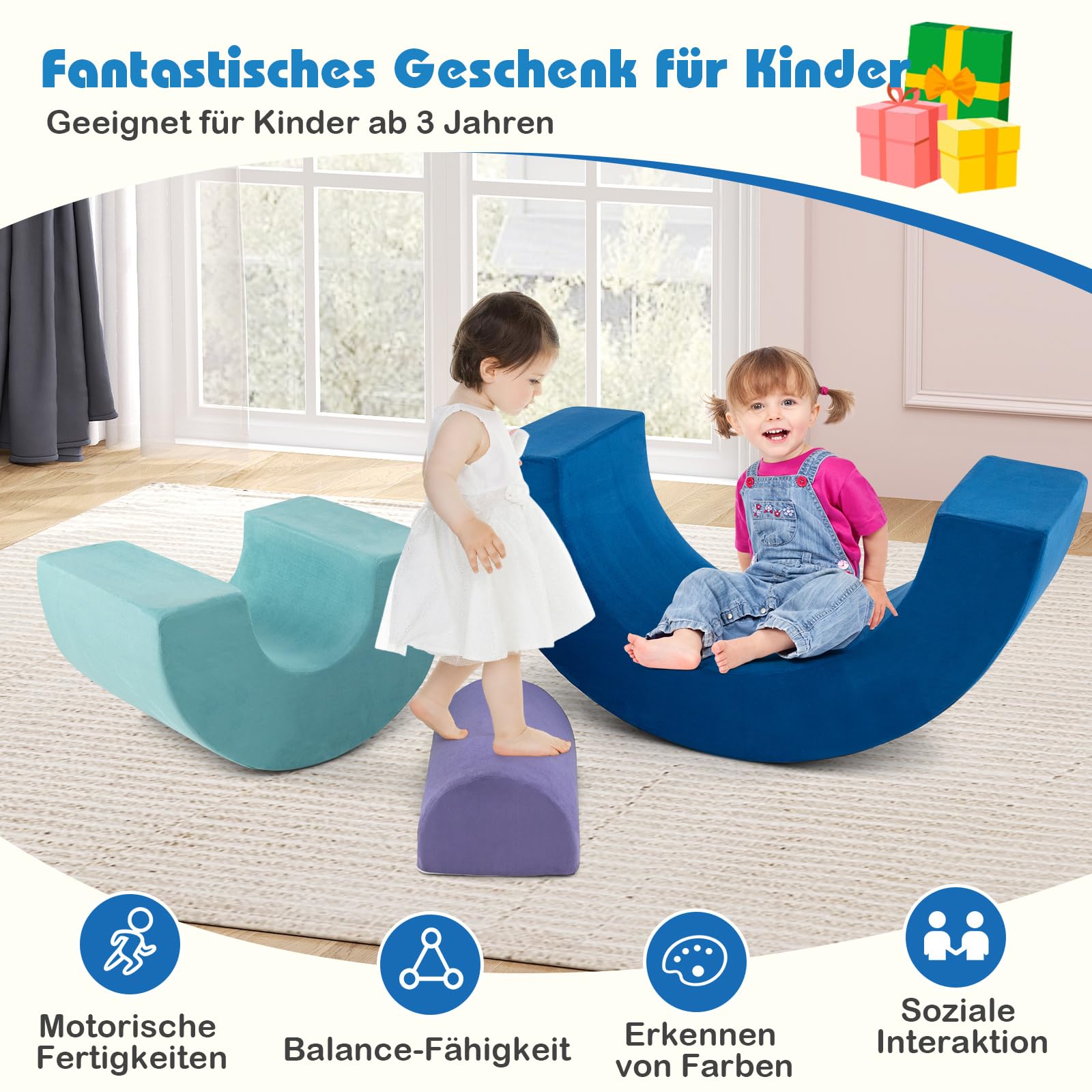 COSTWAY 3-TLG. Softbausteine, Schaumstoffbausteine zum Klettern und Krabbeln für Babys, Kletterbogen, Riesenbausteine aus Schaumstoff, Großbausteine für den Innenbereich (Blau)