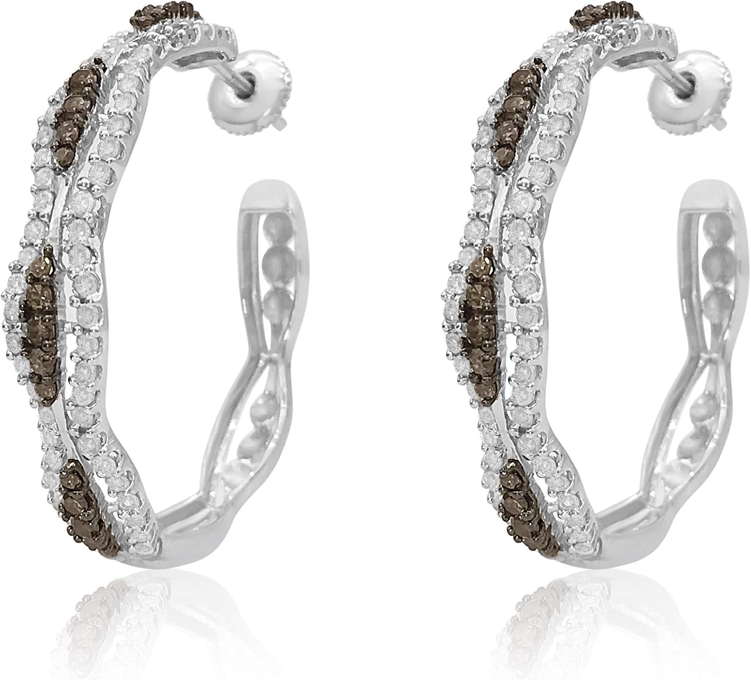 2.41 Carat (Cttw) Round Cut White & Champagne Natural Diamond Hoop Earring in Sterling Silver