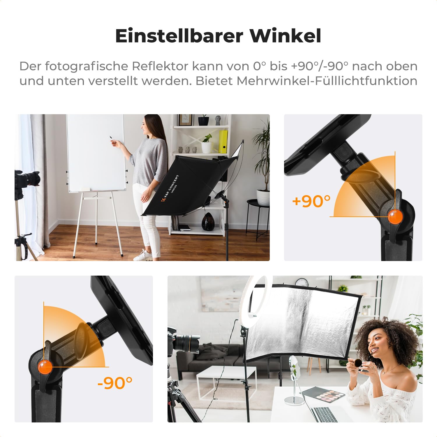 K&F CONCEPT 48„x26“ 4-in-1 U-Typ Gebogener Reflektor mit Ständer+Tasche | schnell zu öffnender Clamshell Lichtreflektor U-Typ Fotografie Diffusor für Studio Porträts , Schwarz/Weiß/Silber/Gold