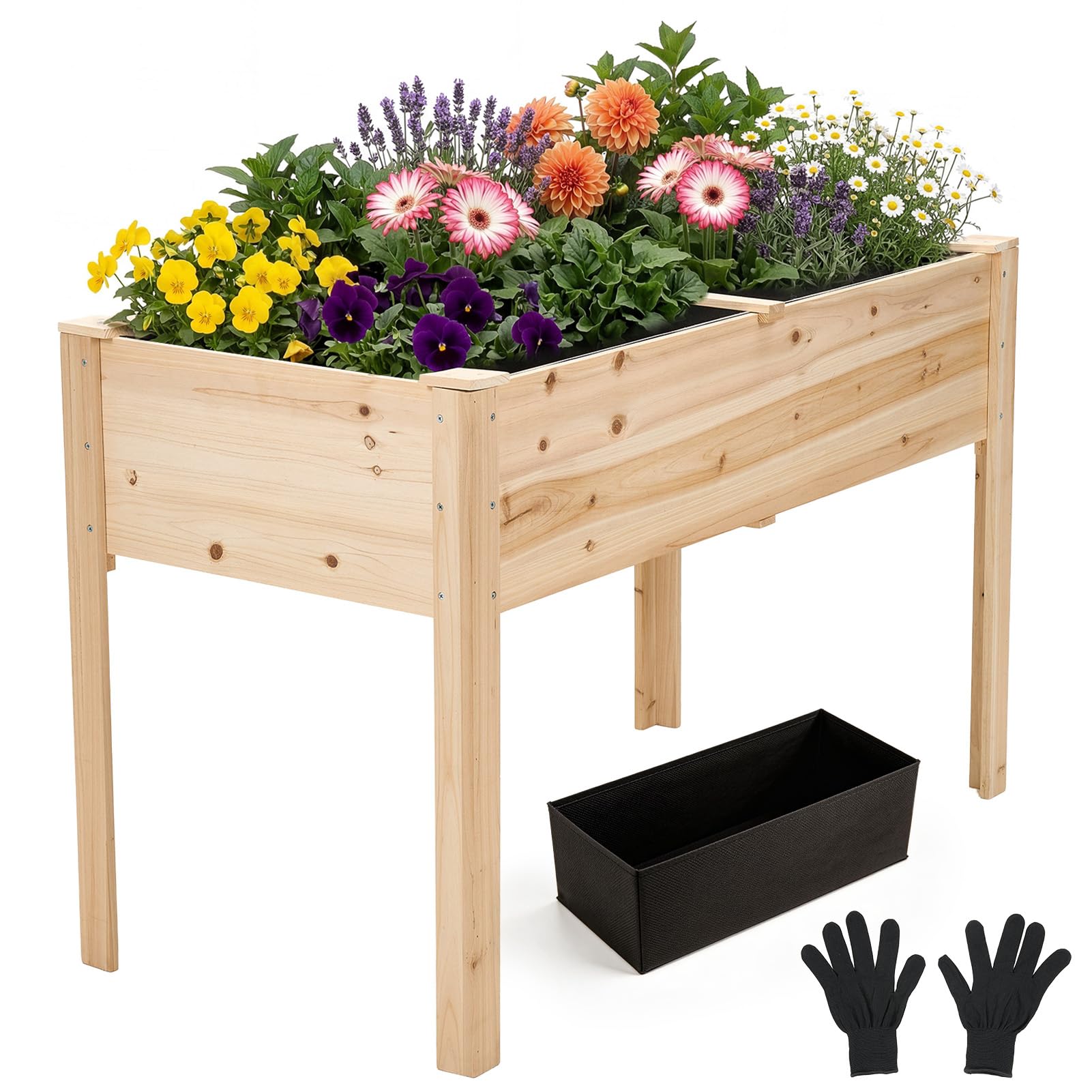 Warmiehomy Raised Garden Bed with Legs, Wooden Elevated Raised Planter with Gloves and Liner, Outdoor Planter Box for Vegetables/Flowers/Fruits, 110.5 x 59 x 76.5 cm, Natural