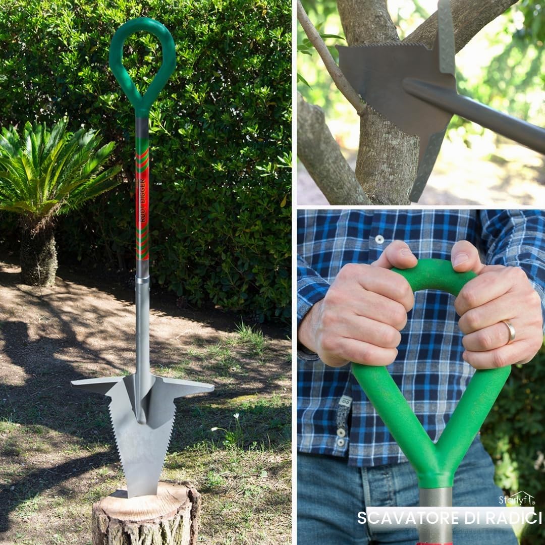 STARLYF Pala da Scavo Root Digger, Vanga da giardino con manico a lama trapezoidale, Alta Qualità Vanga Taglio, Denti ultra affilati in acciaio, manico 360°, 123 cm, robusto e durevole