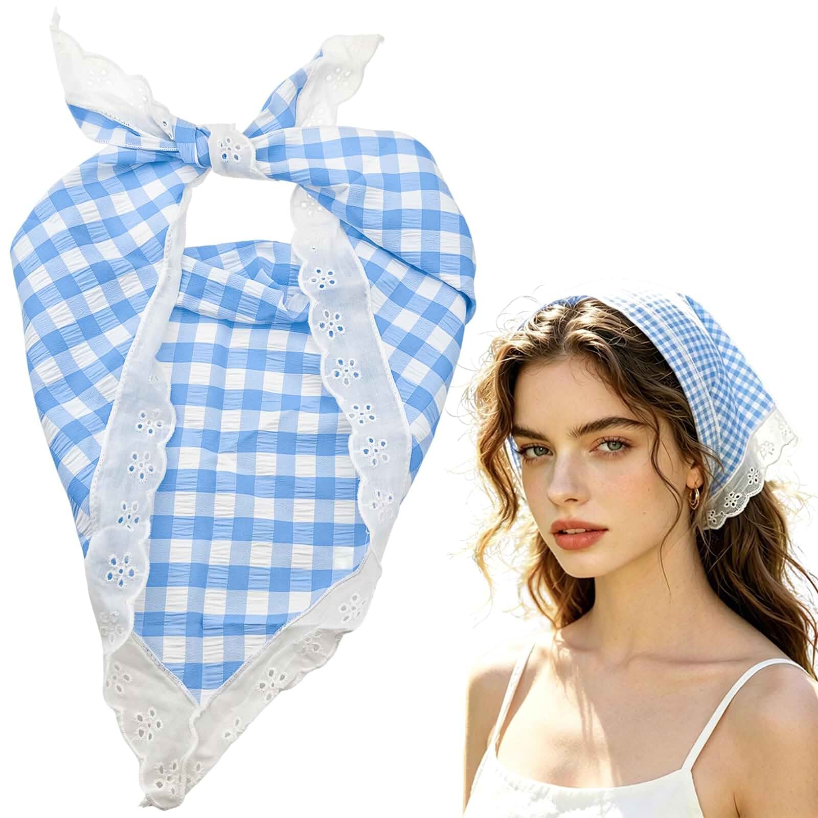 Gingham Bandana Head Scarf for Women, Blue and White Plaid with Lace Trim, Hair Scarf Headband 1 Count (Pack of 1)