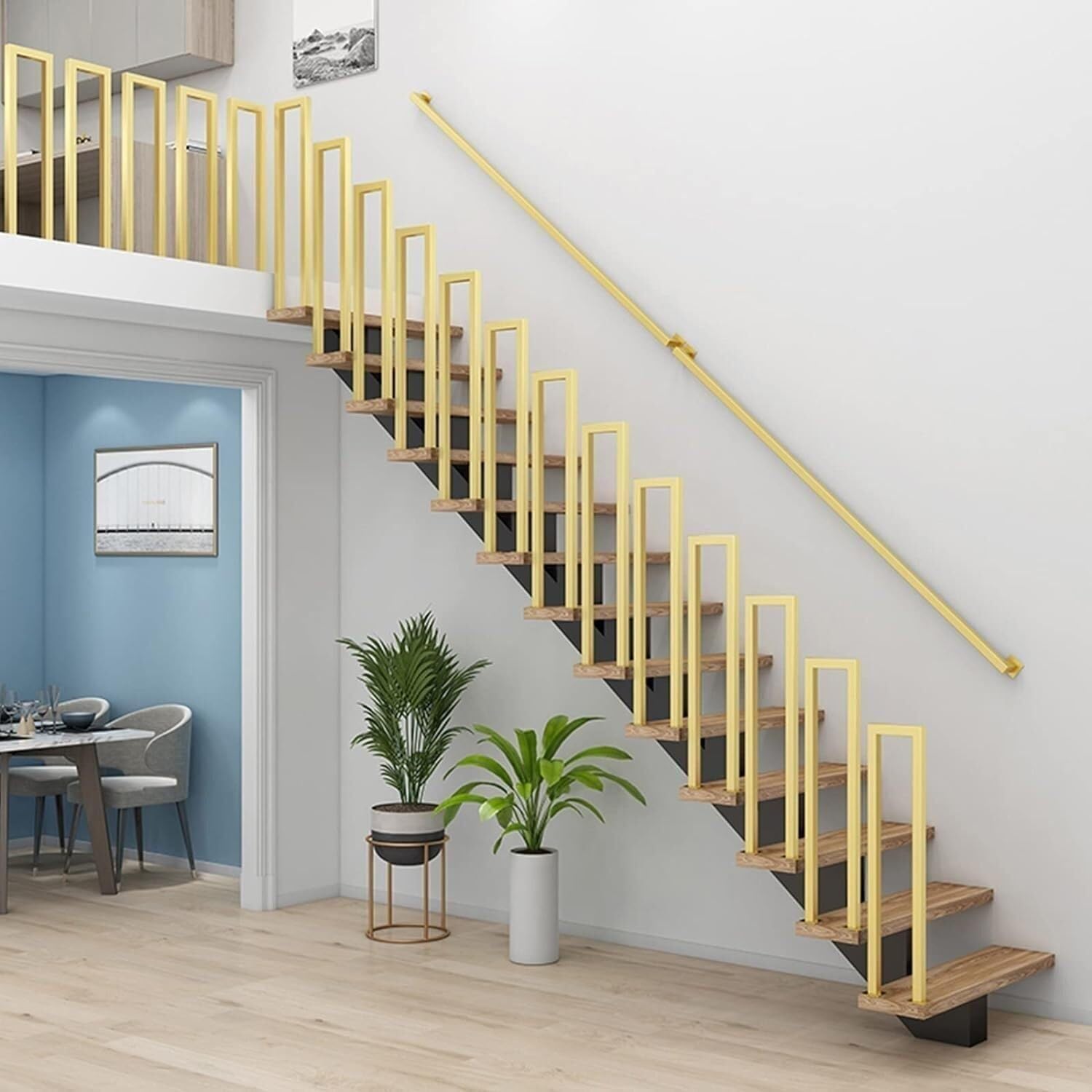 U-Shaped Stairs Handrail, Hand Rails for Outdoor Steps, Metal Wrought Iron Modern Stair Railing, Villa Garden Loft Support Bar, for Home Villa Loft Decorative Fence(Gold,55CM/1.8FT)