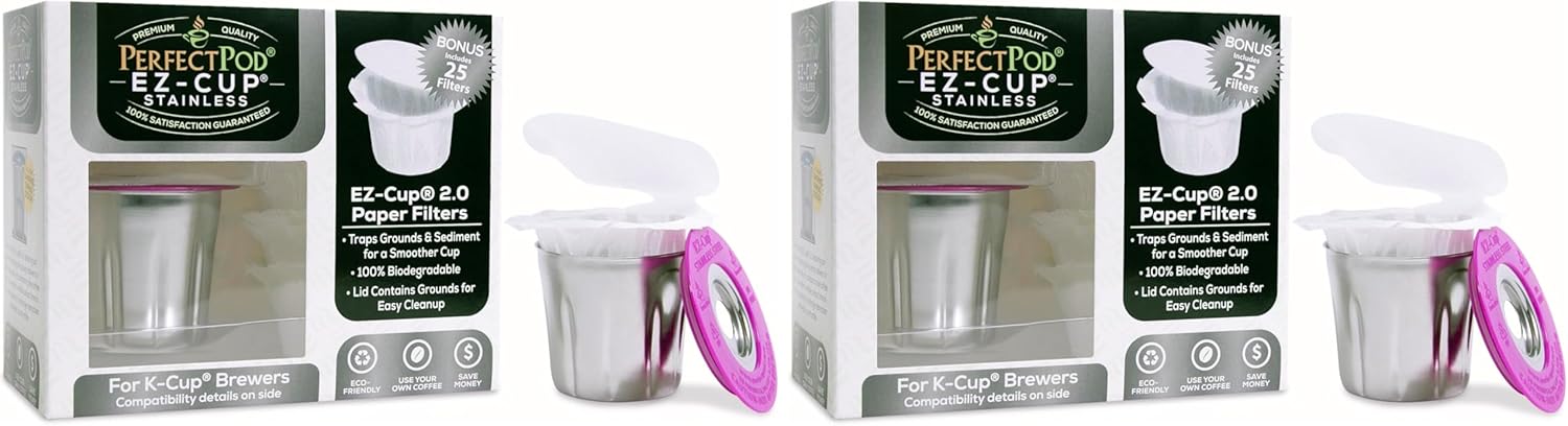 EZ-Cup Stainless Steel 1-Stream Reusable K Cup Coffee Pod for Keurig + 25 Disposable Paper Filters - Refillable Capsule Compatible with Keurig and Other Select Coffee Makers (Pack of 2)