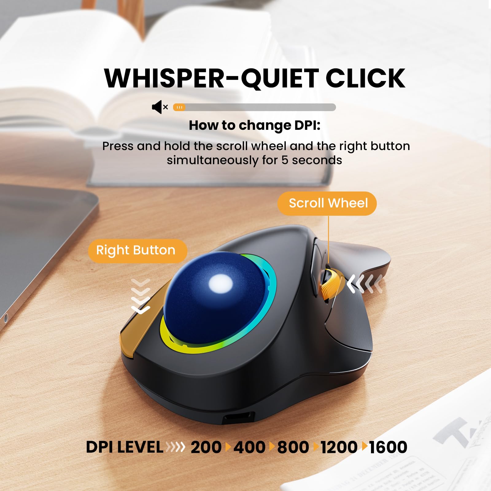 ProtoArc EM03 - Mouse trackball wireless Bluetooth, ergonomico, RGB con trackball, ricaricabile, per computer portatile, connessione a 3 dispositivi, compatibile con iPad, Mac, Windows- Palla Blu