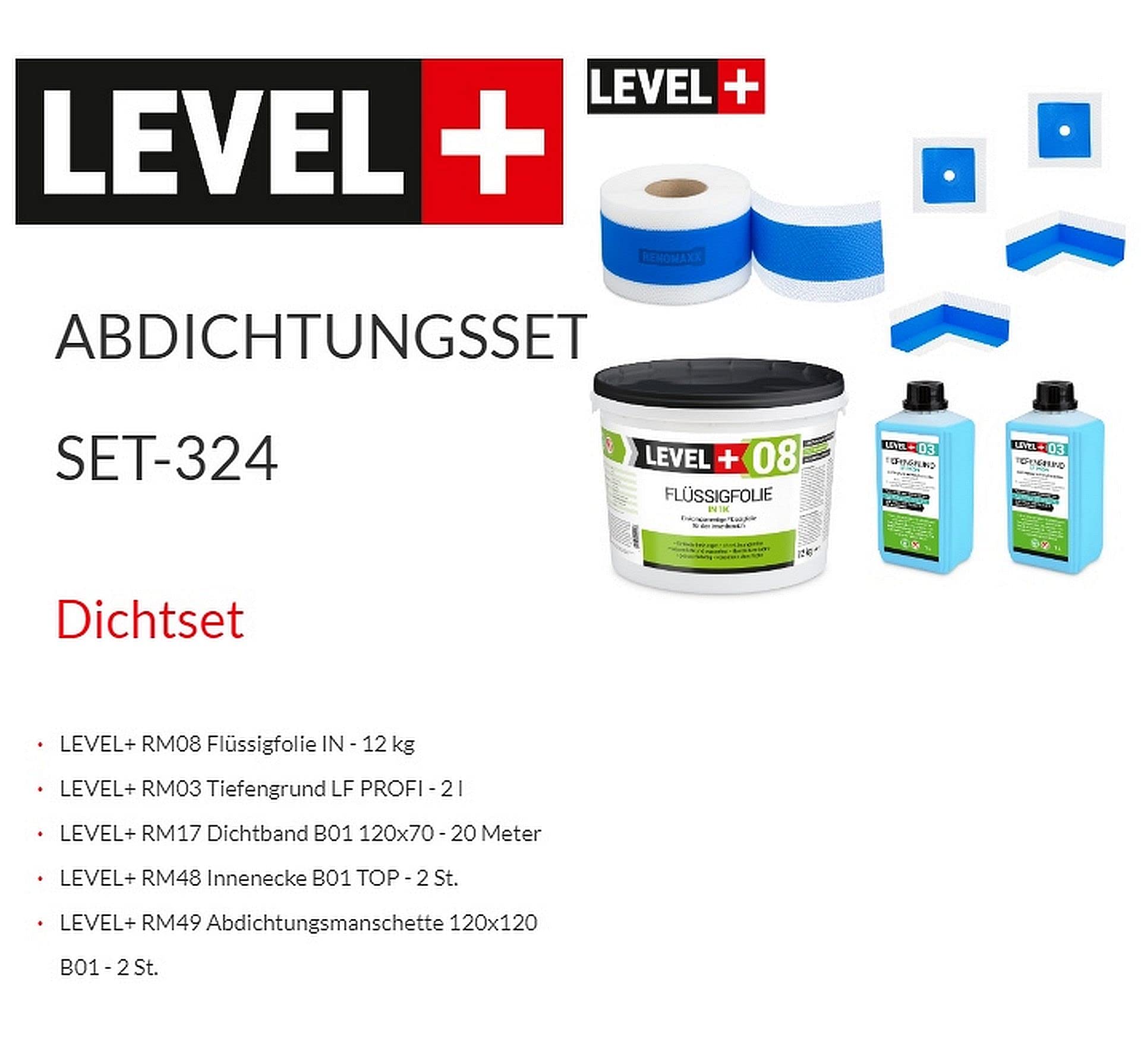 Dichtset 12 Kg Flüssigfolie, 2 Innenecken, 2 Wandmanschetten, 20m Dichtband, Tiefengrund 1 L Abdichtungsset Bandset Dusche Bad Küche SET324