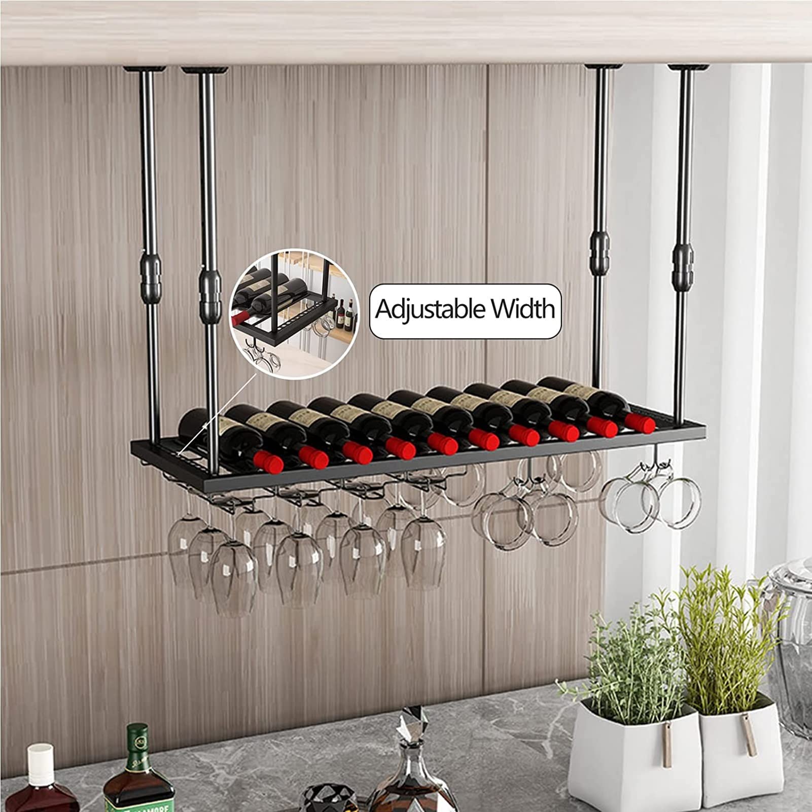 Regulowany metalowy stojak na wino montowany na ścianie żelazny uchwyt na kieliszki 60 cm czarny pojemnik na kieliszki do wina do barów restauracji i kuchni stylowy design sufitowy
