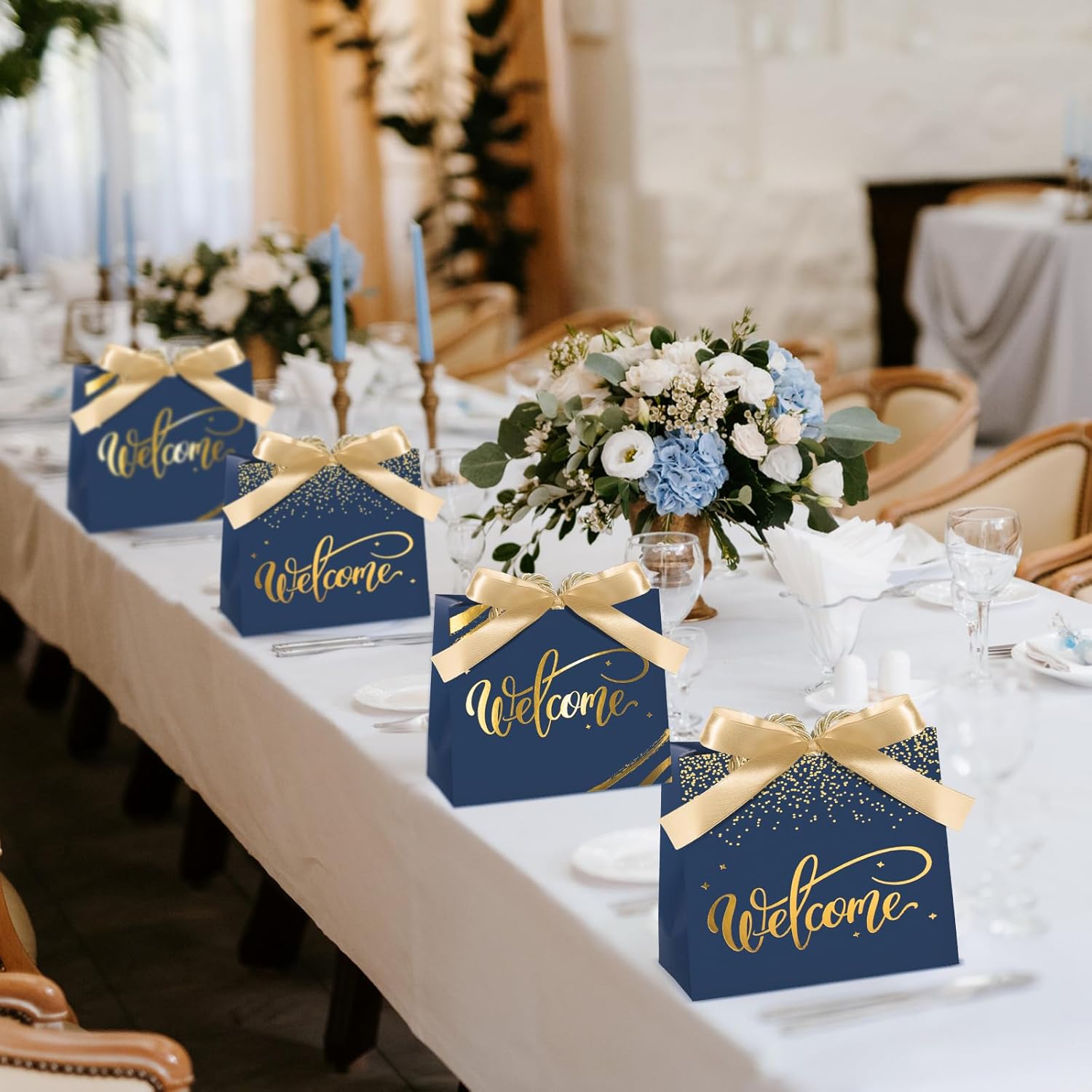 Kolldenn 30 Pcs Small Welcome Metallic Gift Bags with Handles and Bow 5.5x2.4x4.8'' Mini Navy Blue Paper Bag Bulk Gold Foil Valentine Welcome Party Favor for Wedding Church Visitors Guests Birthday - Image 6