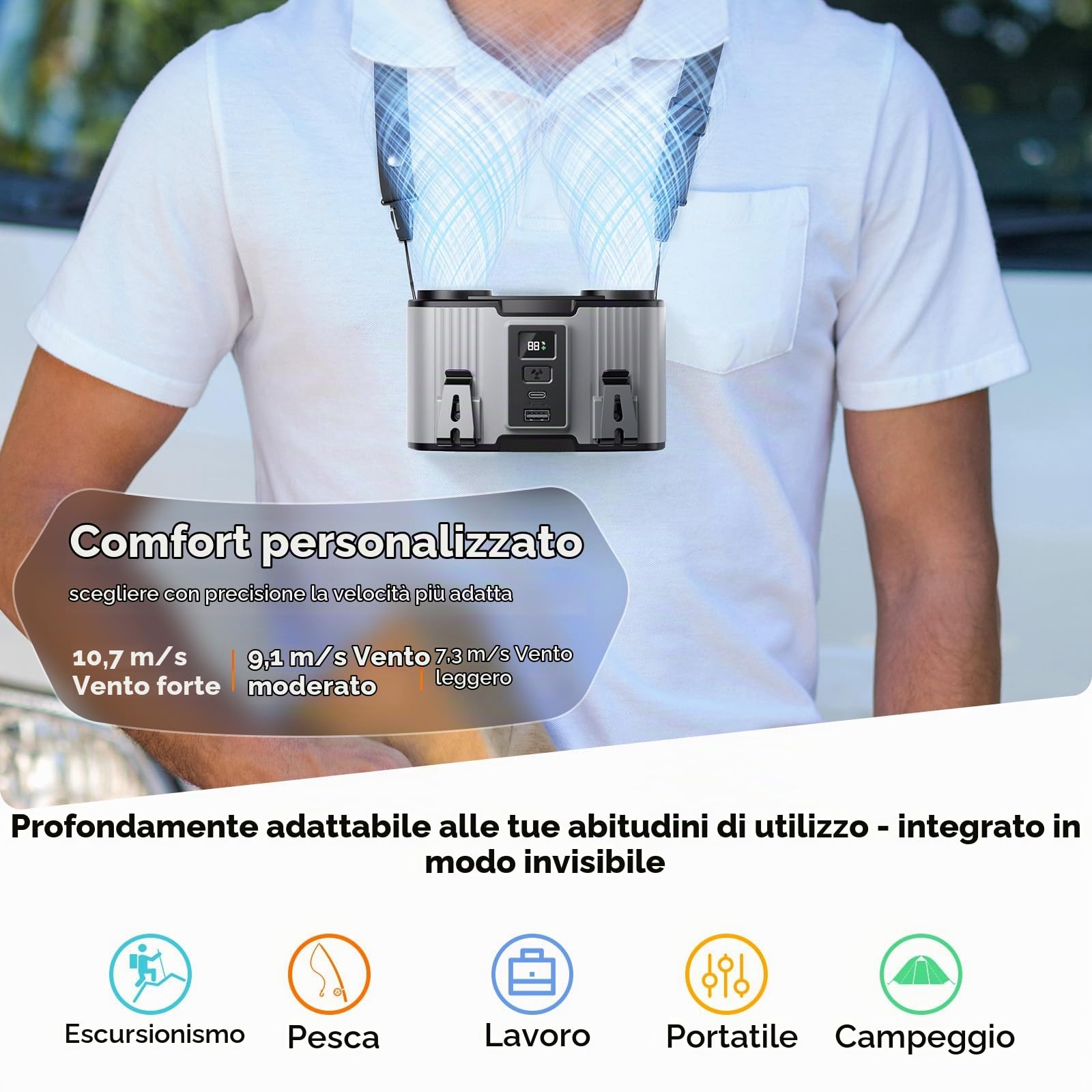 Ventilatore da cintura portatile da 24000 mAh, con clip, ricaricabile, doppio motore con doppio canale d'aria, 10 velocità, 45 ore di autonomia, per cantiere, lavoro all'aperto, viaggi, interruzione