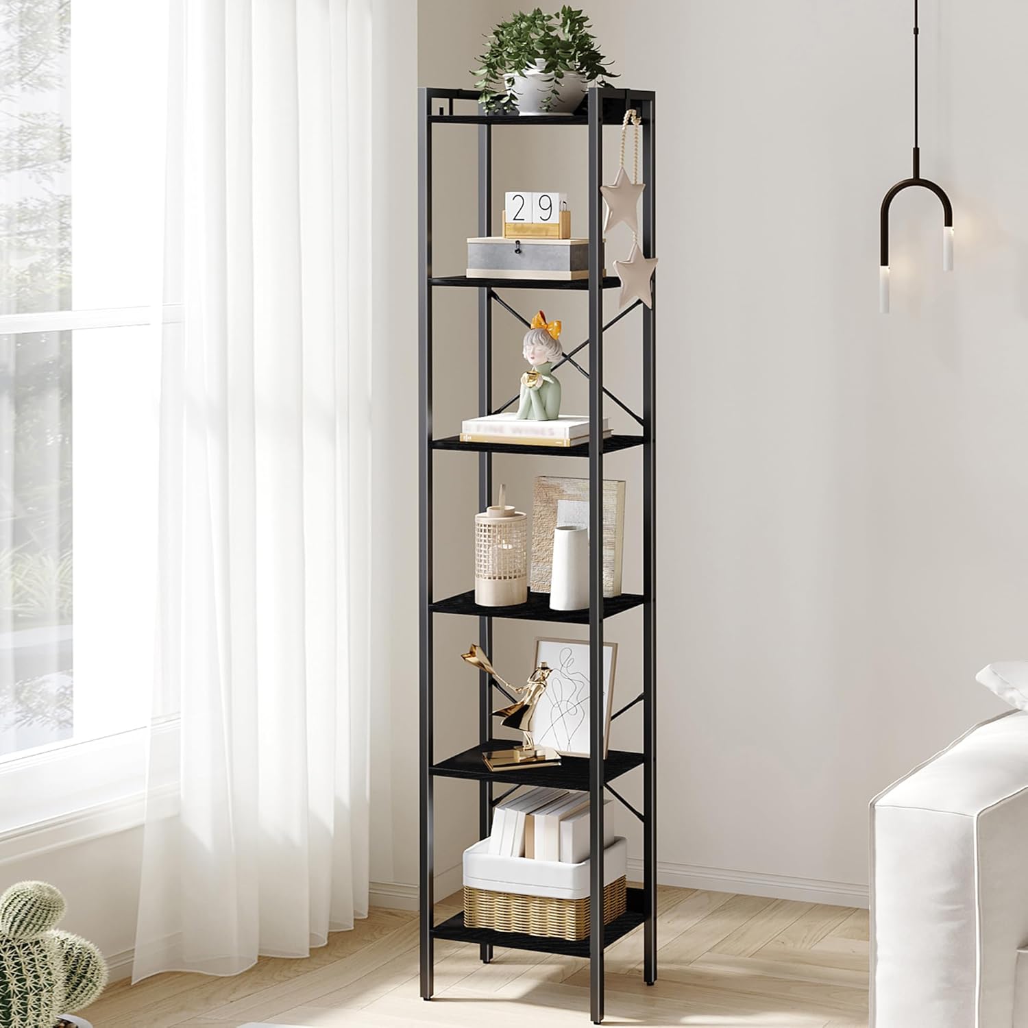 Bookshelf, Book Shelf, Industrial Bookcase with 2 Hooks, Coner Shelf Storage Organizer for Home Office, Living Room, Bedroom, Kitchen, 6-Tier Black BC10704B