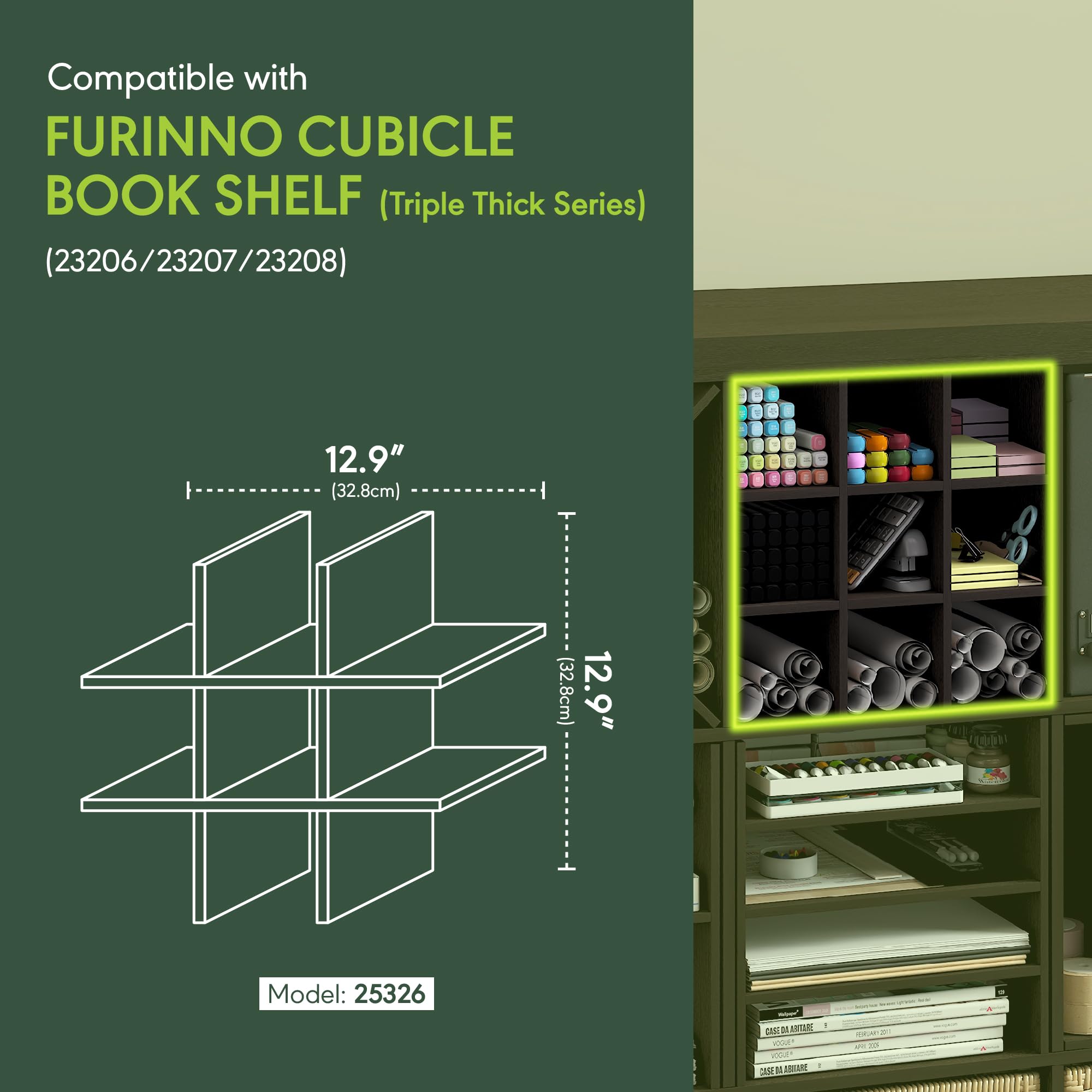 Furinno Cubicle Würfel-Einsatz, 9-Fächer Cube Organizer, Regalzubehör, passend für Furinno Triple Thick Cubes und IKEA Kallax, für Aufbewahrung und Organisation, Schwarz Dunkleiche