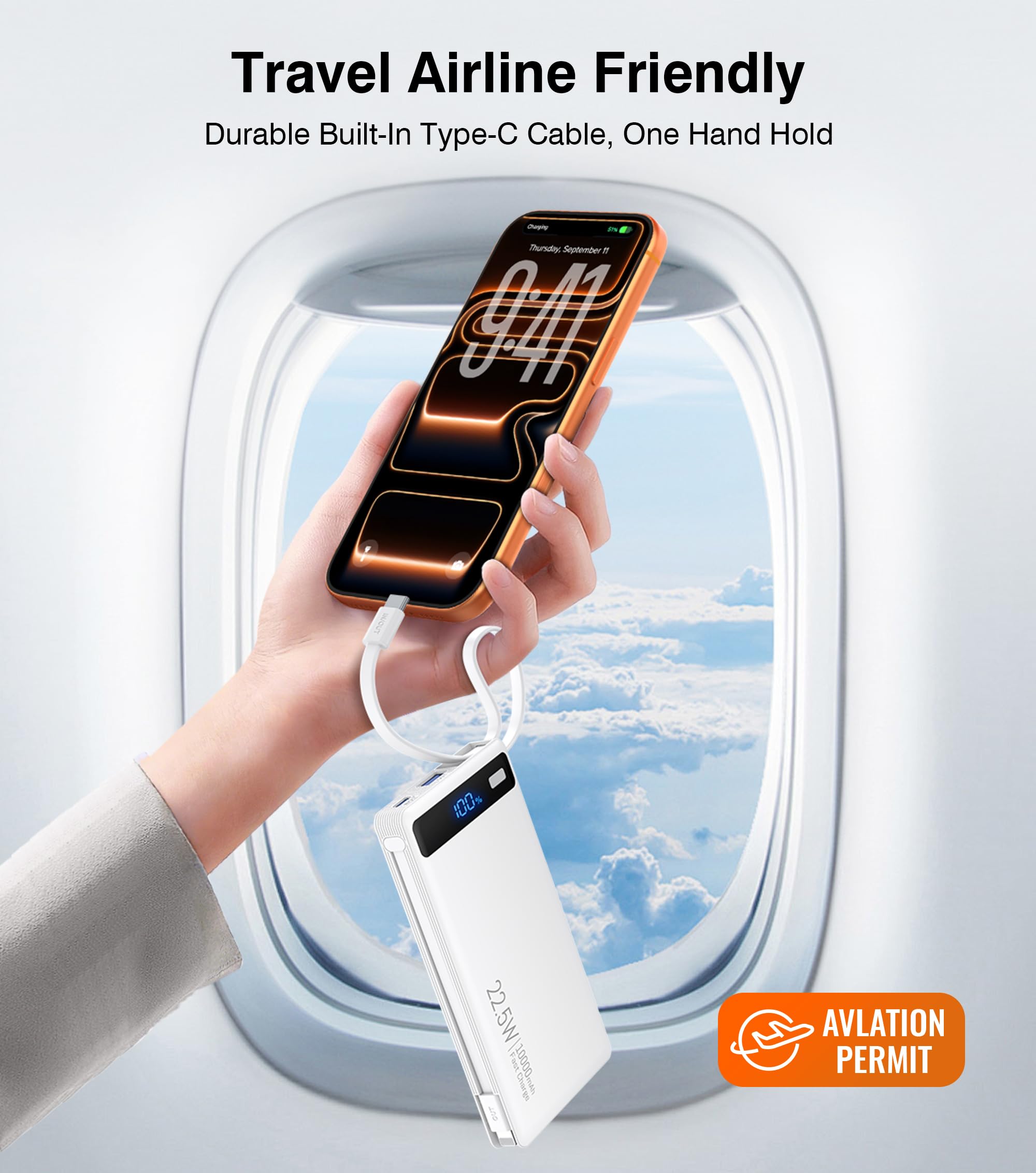 Power Bank con doppi cavi integrati, ricarica rapida da 10000 mAh, caricabatterie portatile PD da 22,5 W con display del livello della batteria e 4 porte, compatibile con iPhone 17/16/15/14