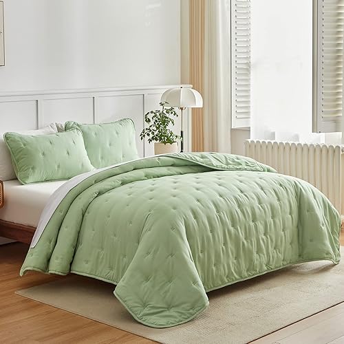 Joyreap Juego de edredón de 3 piezas, tamaño Queen, color verde, juego de cama ligero de microfibra, colcha para todas las estaciones, 1 edredón y 2