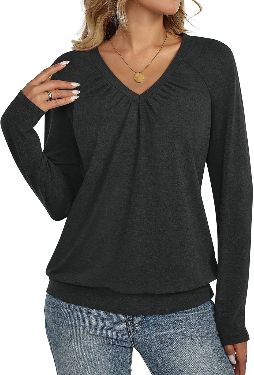 Womens V Neck Long Sleeve Shirts Banded Bottom Pleated Tops Fall Dressy Casual Blouses 2024 Womens V Neck Long Sleeve Shirts Banded Bottom Pleated Tops Fall Dressy Casual Blouses 2024