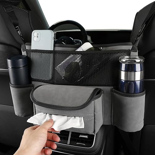 Miniatura 3 de Organizador de asiento de automóvil de cuero para bolsobolso, cabe entre asientos delanteros, sostiene cartera, teléfono y artículos esenciales. Gris