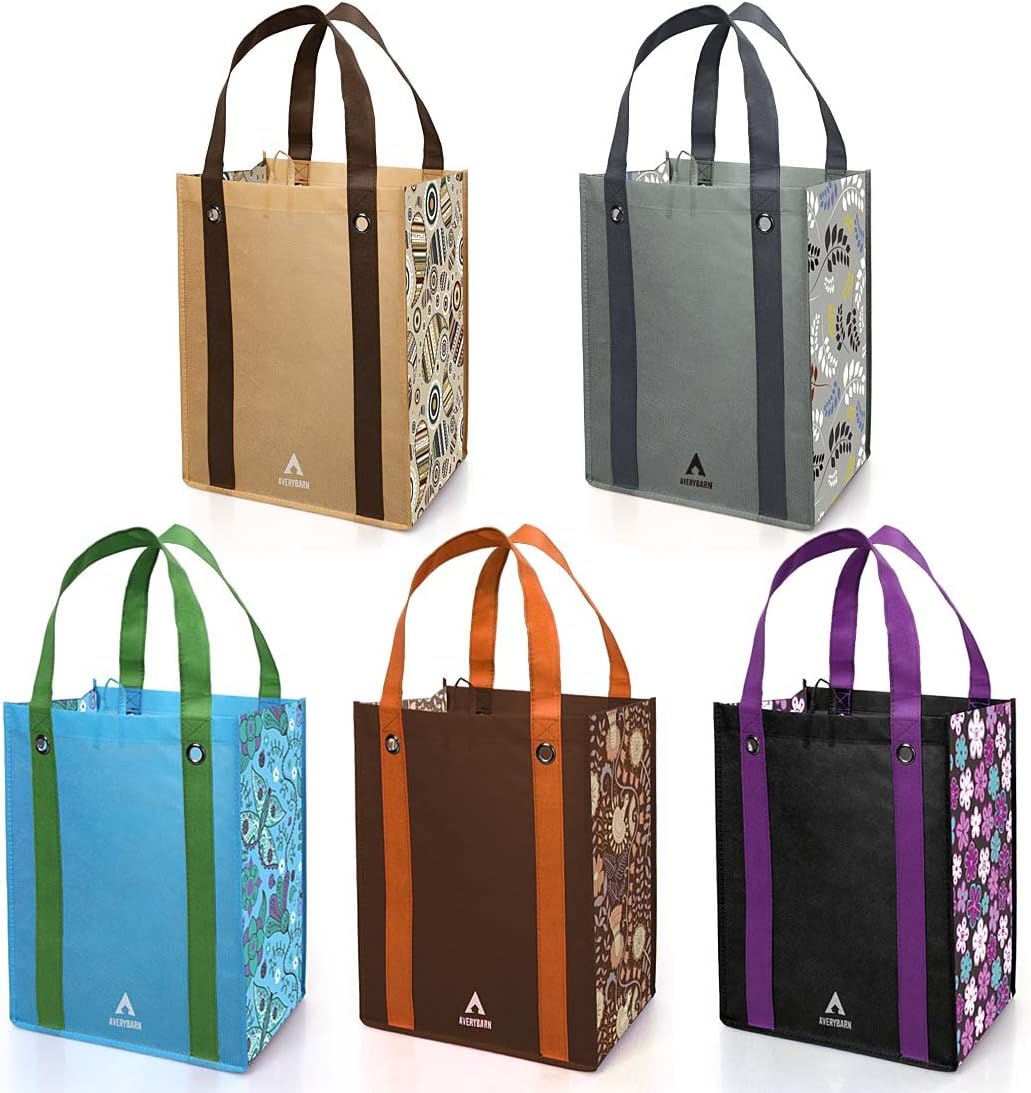 5pc Floral Design Grommet Reinforced Reusable Grocery Shopping Bags