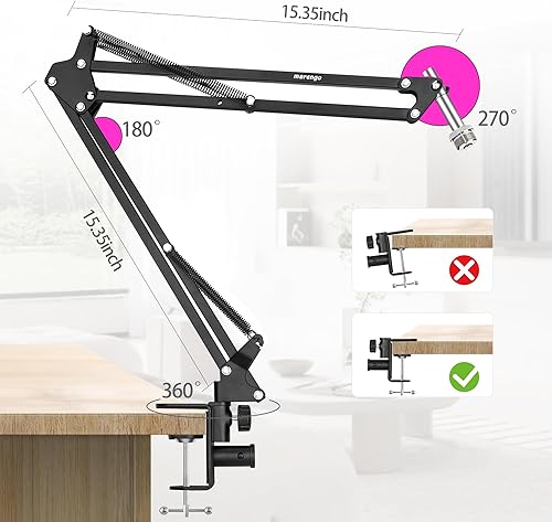 Miniatura 3 de Marengo Brazo de micrófono, brazo de micrófono mejorado, soporte de suspensión con clip adaptador de tornillo de 38 a 58 pulgadas para bola de nieve
