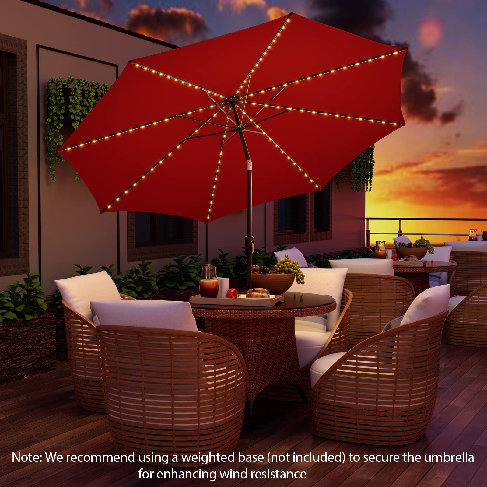 Giantex 10 ft Patio Umbrella with 112 Solar Meteor Shower Lights, Outdoor Table Market Umbrellas with 8 Ribs, Tilt Adjustment, Crank Handle, for Backyard Garden Lawn Poolside (Burgundy)