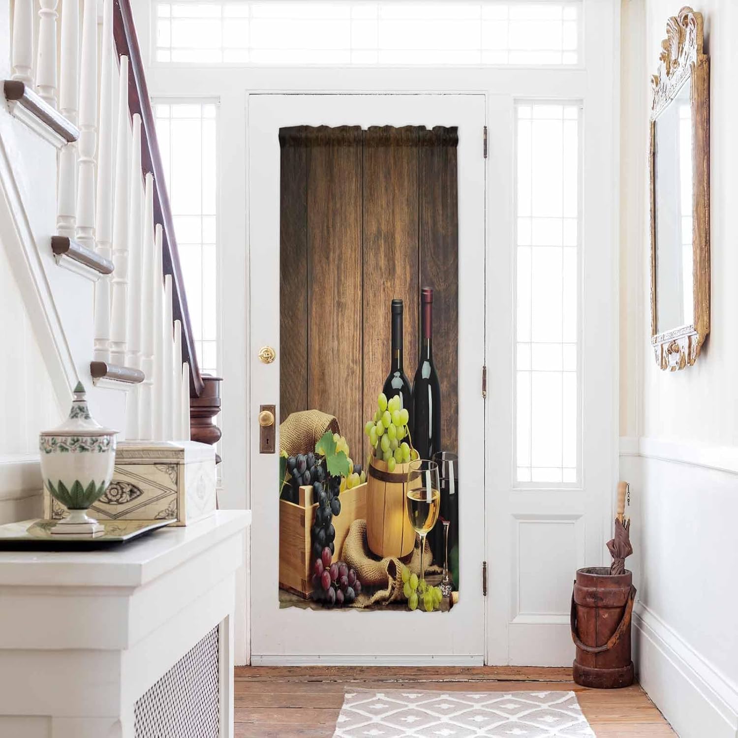 Rod Pocket French Door Curtain, Kitchen Door Panels Wine Glasses Barrel and Fruit Grapes Light Filtering Room Divider Curtain Cover Curtains for Windows Wooden Texture (Tie-Back Included, 1 Panel)