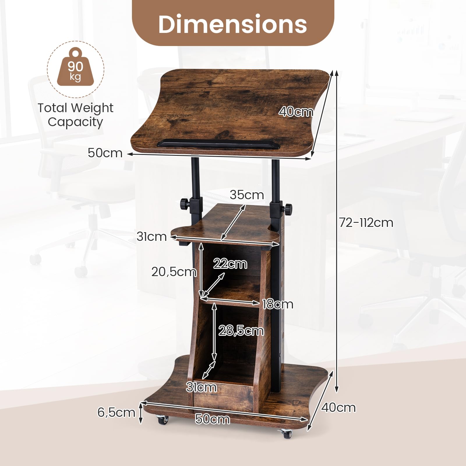 FANTASK Stehpult höhenverstellbar, 50 x 40 x 72–112 cm, mobiler Rednerpult mit neigbarer Tischplatte & offenen Fächern, Rednerpultständer zum Stehen & Sitzen, Stehtisch auf Rollen für Büro (Braun)