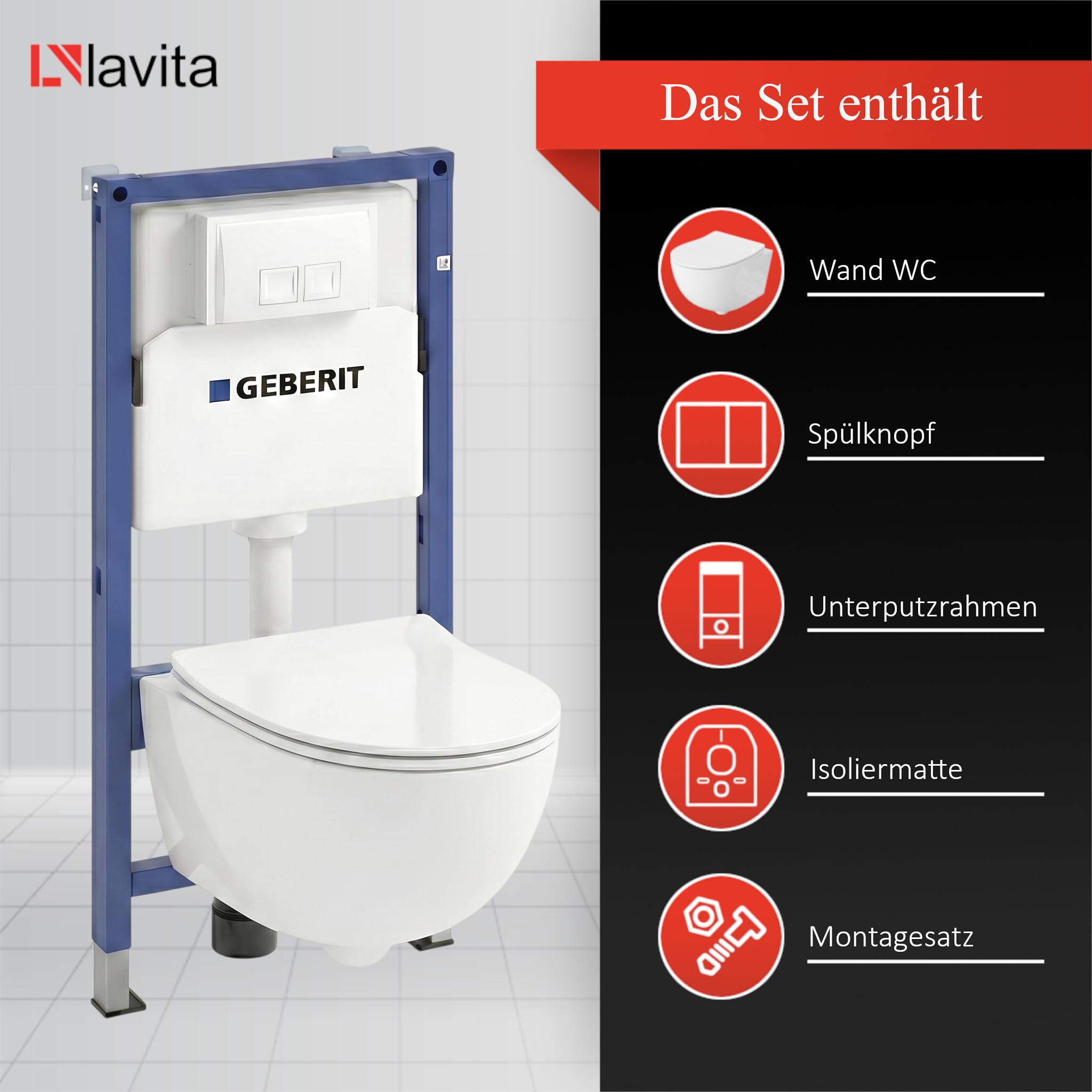 Lavita Duofix Basic Elemento a parete + Lavita WC a scarico profondo Dalia Bianco senza bordo + Sedile WC con chiusura automatica + Pannello di comando Delta 25 Pulsante bianco Set completo