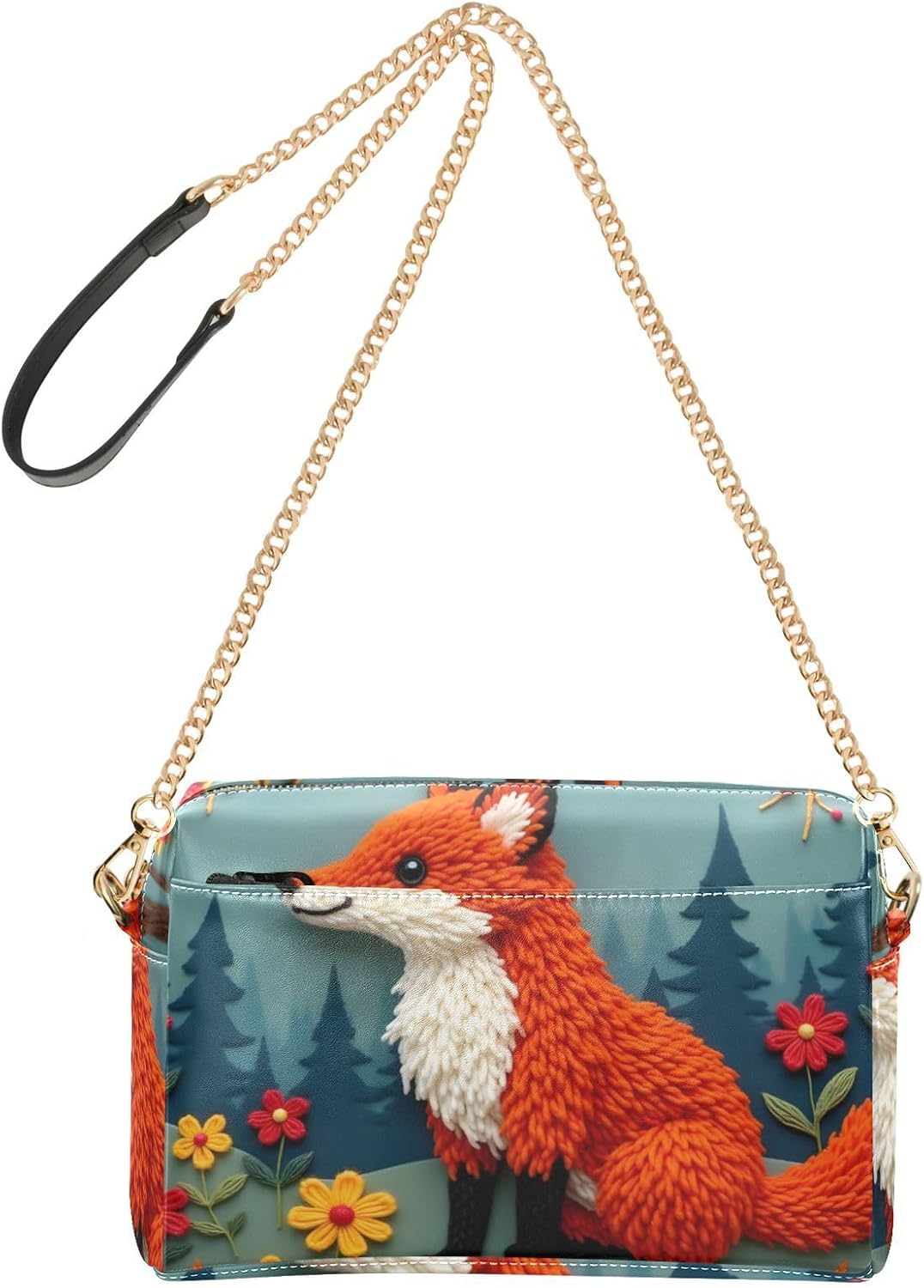 Women Crossbody Bag Shoulder Handbag Cellphone Purse PU Leather Metal Chain Strap Water Resistant Zipper Closure Embroidery Fox Print