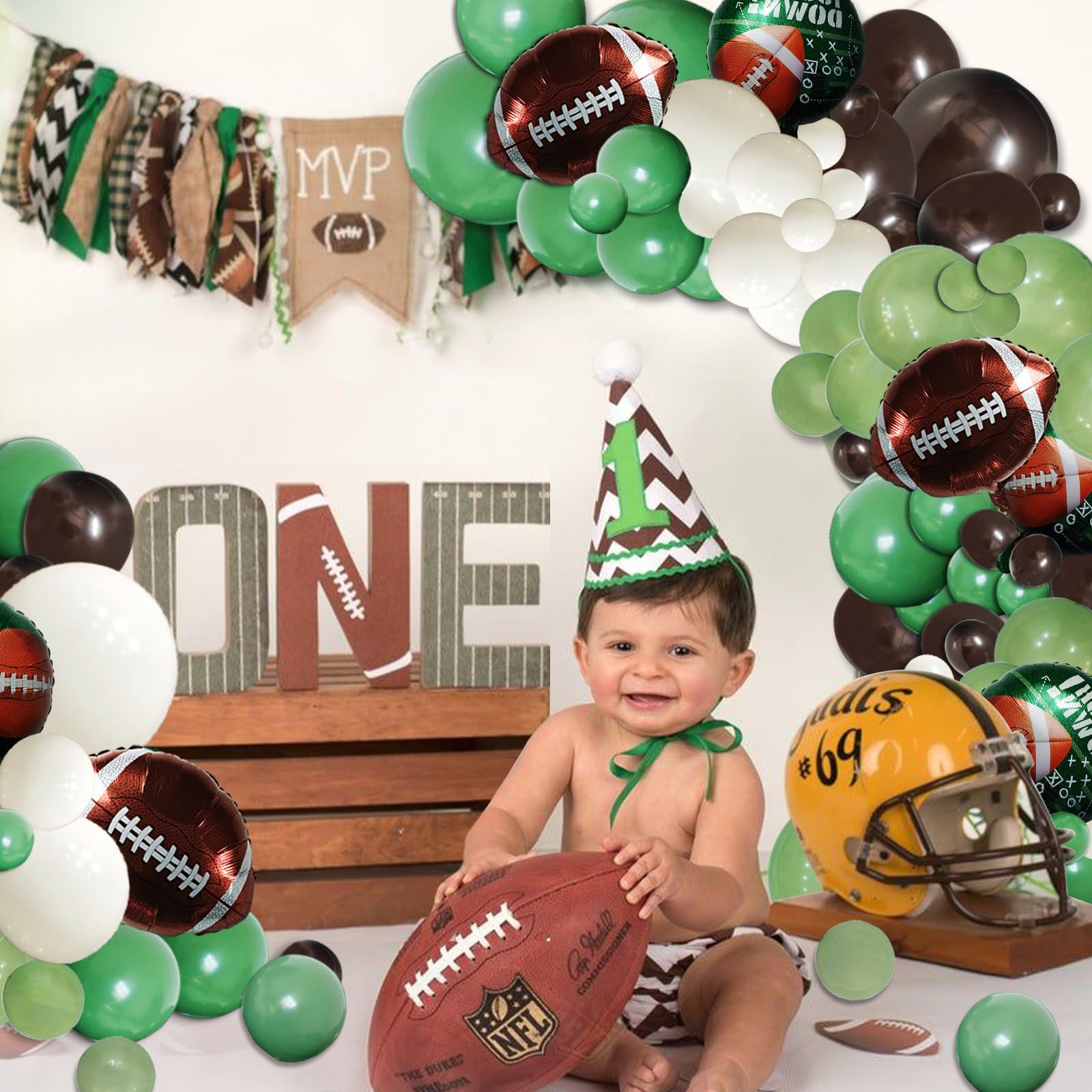 128pc Football Party Balloon Arch Kit - Dark Green, Brown, White & Black With Foil Football Balloon