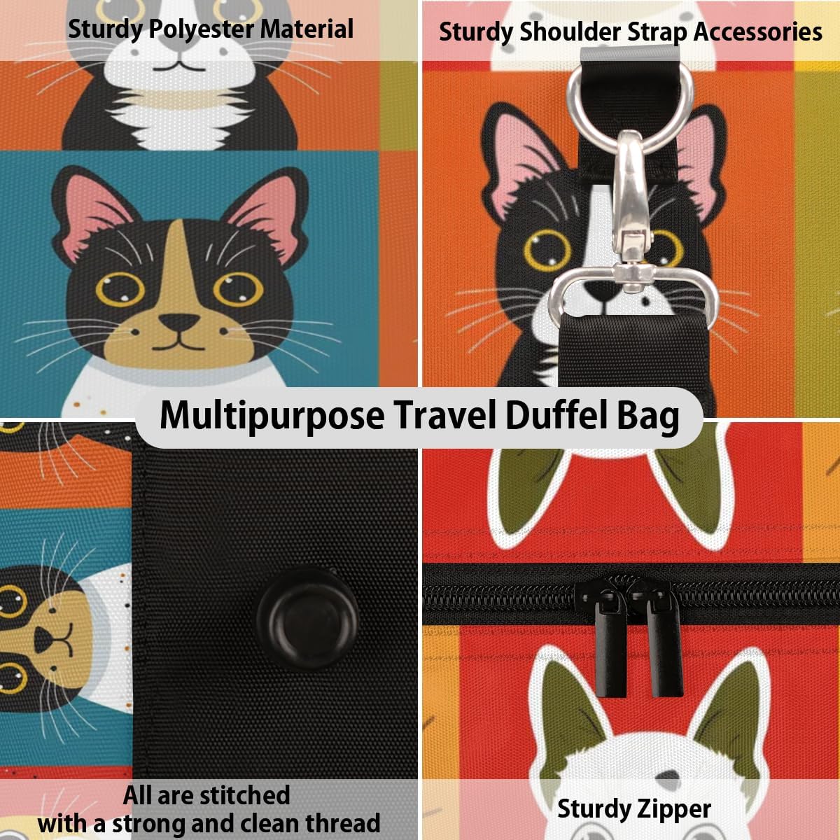 Plaid Cats Travel Duffel Bag for Women Men Large Capacity Overnight Weekender Bags for Lightweight Waterproof Sport Gym Bag for Workout Yoga Swim